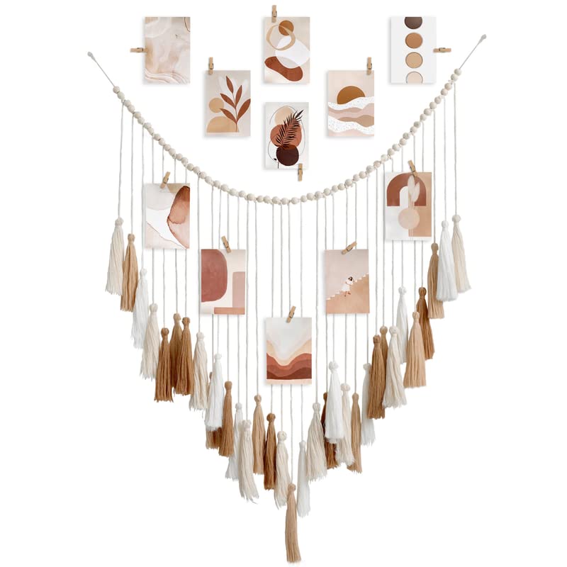Boho Yarn Wall Hanging with Wood Beads - Neutral Beige Bohemian Decor for Bedroom & Living Room