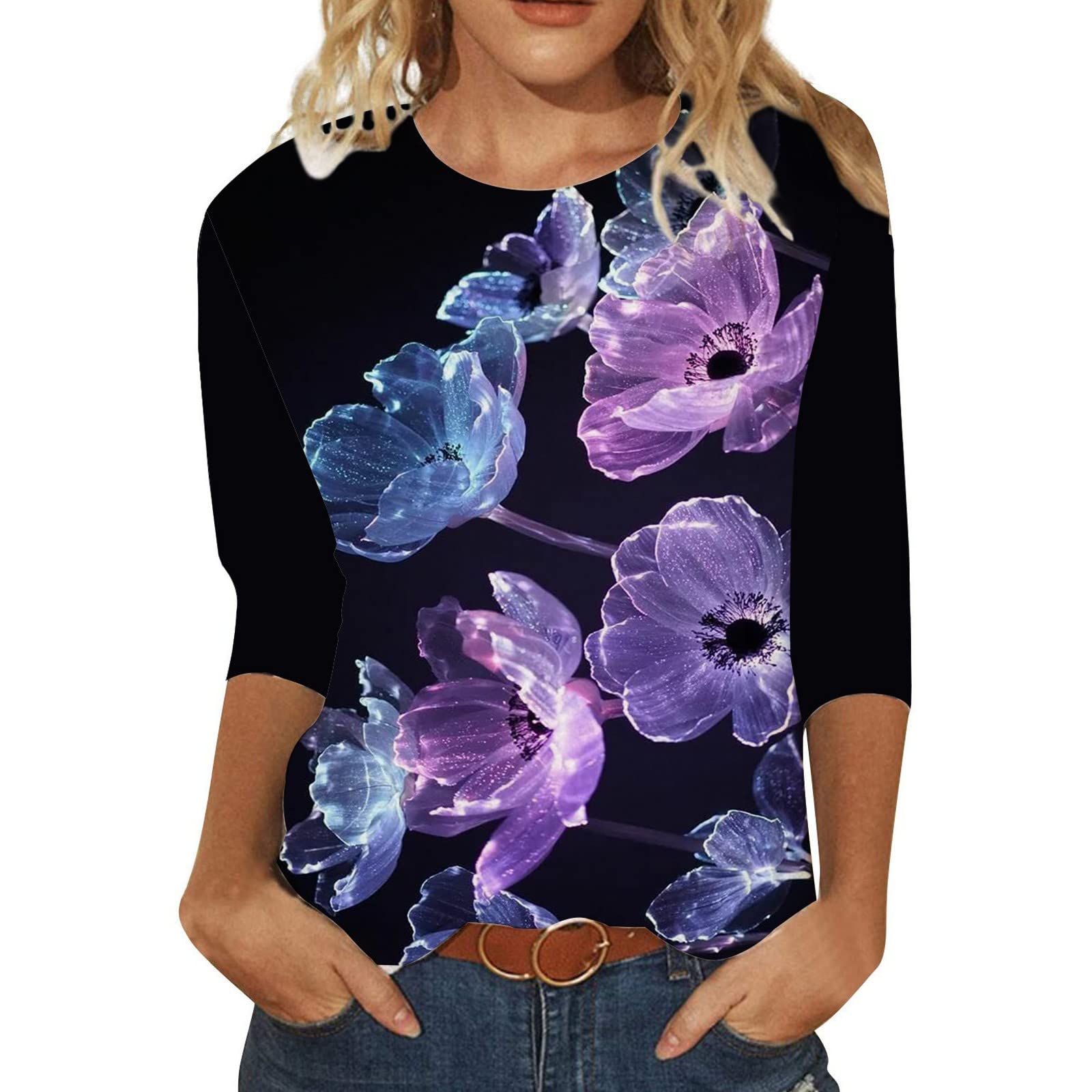 Women's Loose Fit Graphic T-Shirts | 3/4 Sleeve Boat Neck Summer Tops | Trendy Floral Print Blouses for Casual Wear & Outfits