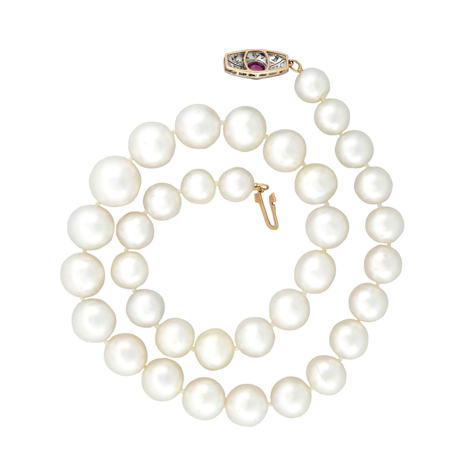 Luxury Edwardian South Sea Pearl Necklace with Diamond & Ruby Clasp - Elegant Vintage Jewelry for Weddings, Anniversaries & Special Occasions
