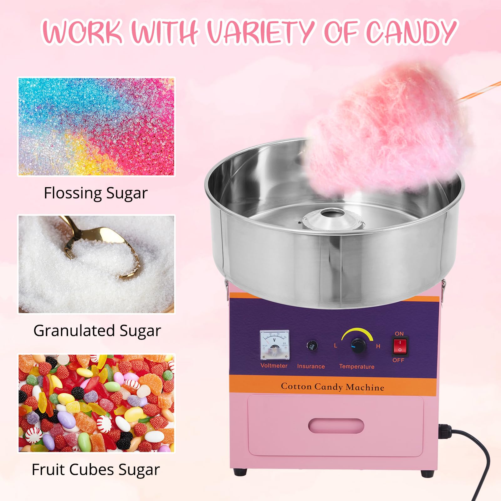 Commercial Cotton Candy Machine 1000W - Electric Candy Floss Maker with Stainless Steel Bowl, Sugar Scoop & Storage Drawer - Perfect for Birthday Parties, Carnival Events, Wedding Receptions & Family Gatherings (Pink)