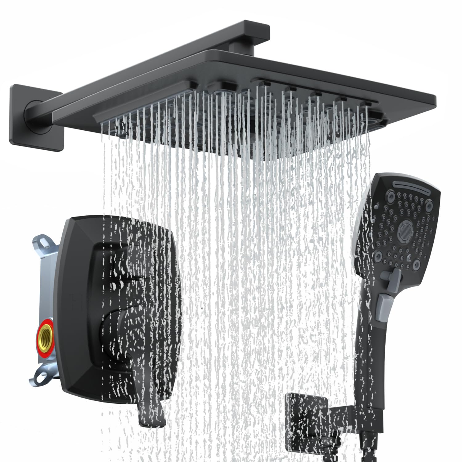 ELLO&ALLO Matte Black Bathroom Shower Faucet Set with Valve - Rainfall Shower Head & Handheld Combo for Luxurious Spa Experience at Home