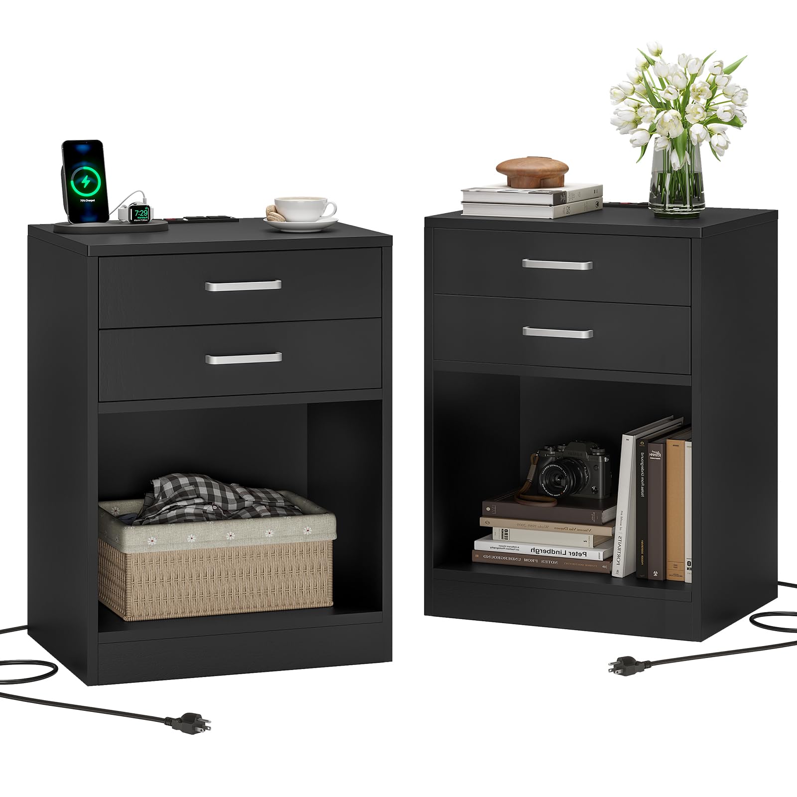 ADORNEVE 2-Piece Black Nightstand Set with USB Charging Station & Drawers - Modern Bedside Tables for Bedroom, Living Room, Guest Room - Sturdy Storage Furniture for Phones, Books, Lamps & Bedroom Essentials