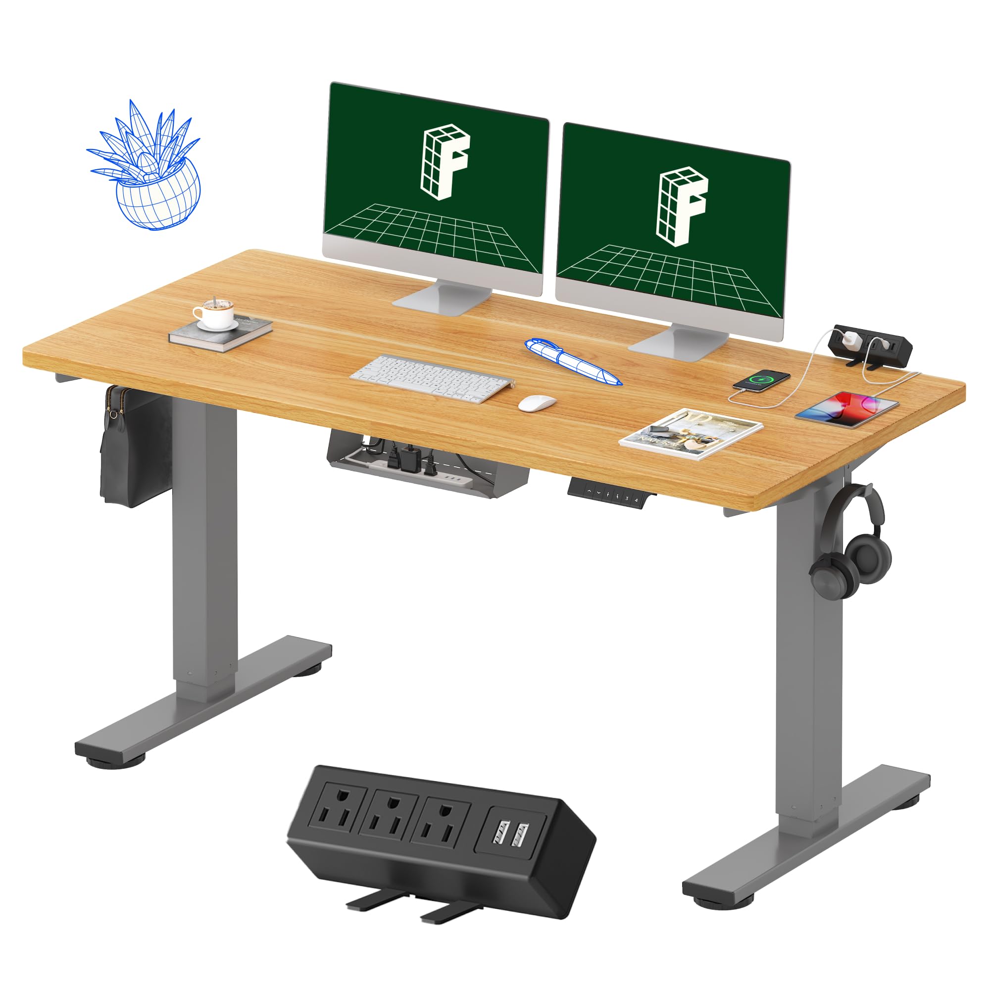 FLEXISPOT EN2 Electric Height Adjustable Standing Desk 55 x 28 Inches - Whole-Piece Design with Clamp Power Strip & Cable Management (Gray Frame + Maple Top) - Perfect for Home Office, Gaming Setup & Workspace Ergonomics