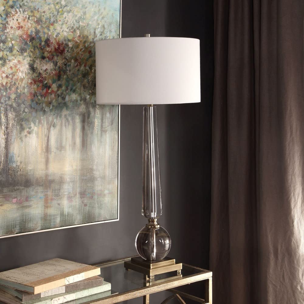 Elegant 1-Light Crystal Table Lamp with White Linen Drum Shade - 3-Way Switch - Perfect for Bedroom Nightstand, Living Room End Table, or Office Desk Lighting
