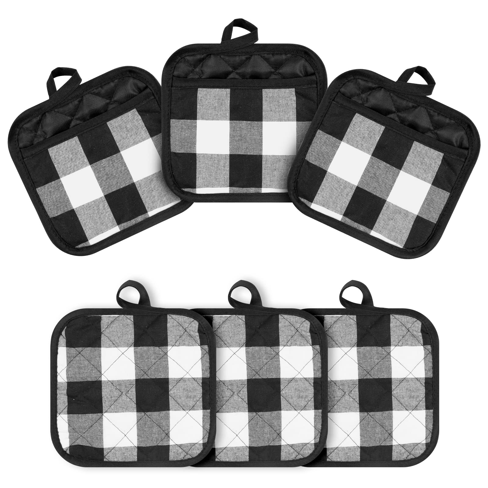 Whaline 6-Piece Christmas Buffalo Plaid Hot Pot Holders Set - Cotton Heat Resistant Oven Mitts with Pockets for Kitchen Cooking, Baking & Holiday Decor (White & Black) - Perfect for Holiday Parties, Family Gatherings & Festive Kitchen Protection