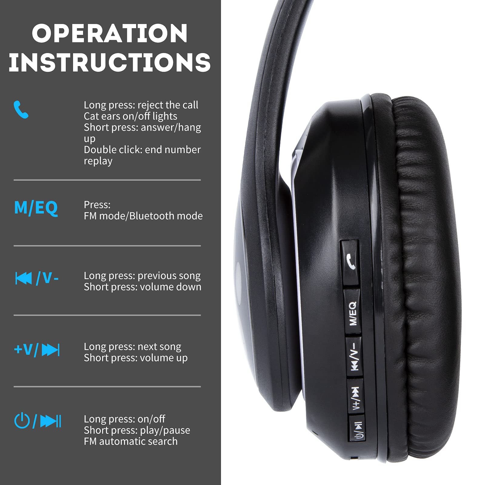 Wireless Cat Ear LED Bluetooth Headphones for Kids - Foldable Over-Ear Adjustable Headset with Microphone, Stereo Sound, Light Up Feature - Perfect Gift for Cat Lovers (Black) - Great for Gaming, Music, Online Classes & Travel
