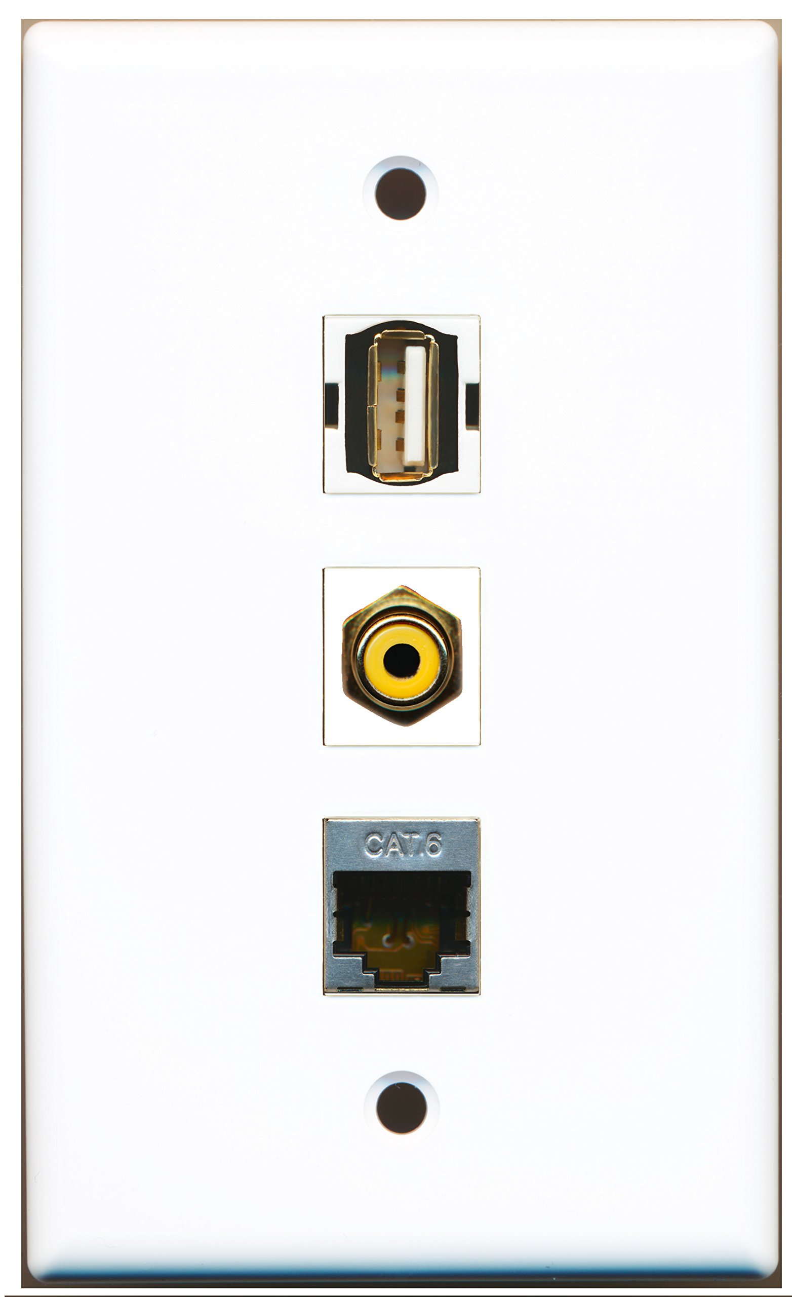 RiteAV - 1 Port RCA Yellow, 1 Port USB A-A & 1 Port Shielded Cat6 Ethernet Wall Plate - Home Theater & Office Networking Solution
