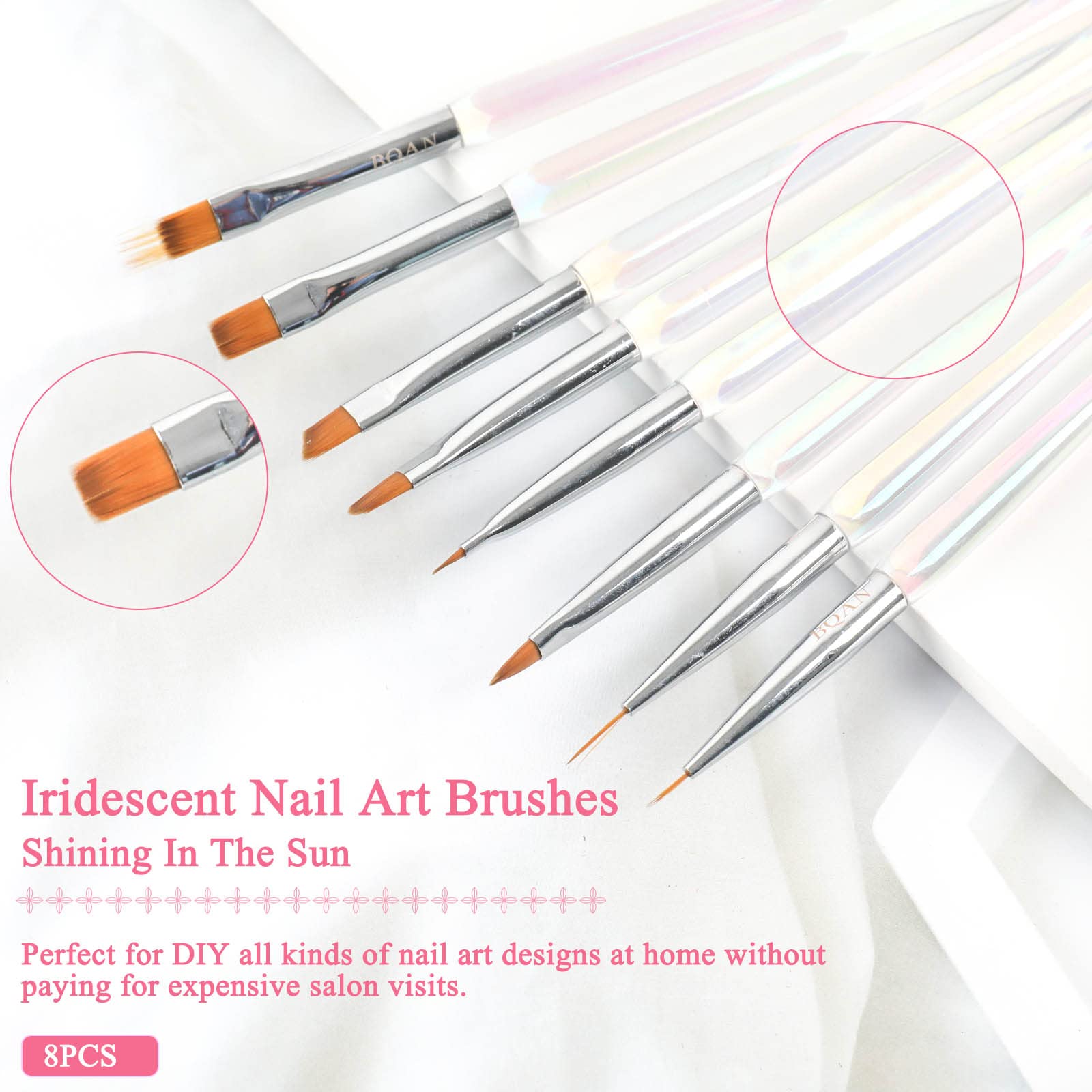BQAN Professional 8pcs Nail Art Brushes Set - Ombre, Gel, Liner & Builder Brushes for Salon & DIY Manicure at Home | Perfect for Nail Art Design, French Tips & Acrylic Nails