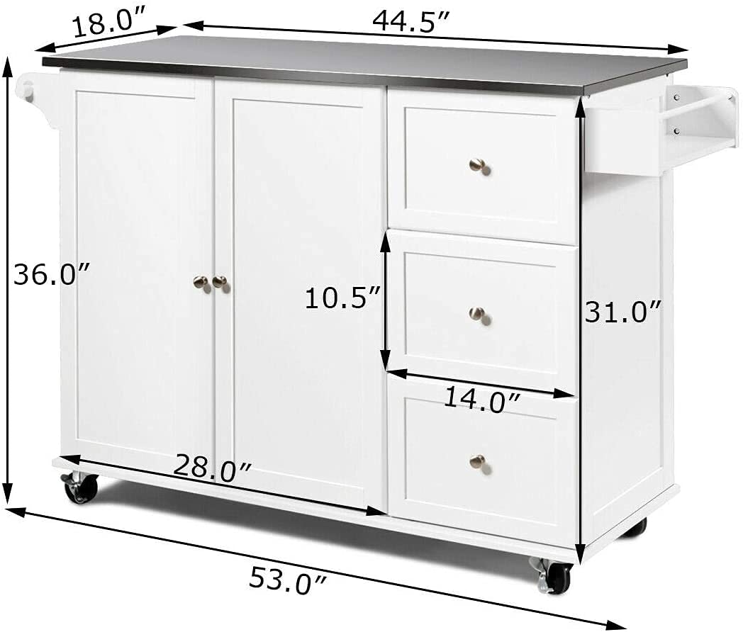 Stainless Steel Kitchen Cart on Wheels with Adjustable Shelves, Spice Rack & Storage Cabinet - Mobile Kitchen Island with 3 Drawers for Dining Room, Living Room & Small Spaces - Perfect for Cooking, Entertaining & Extra Counter Space