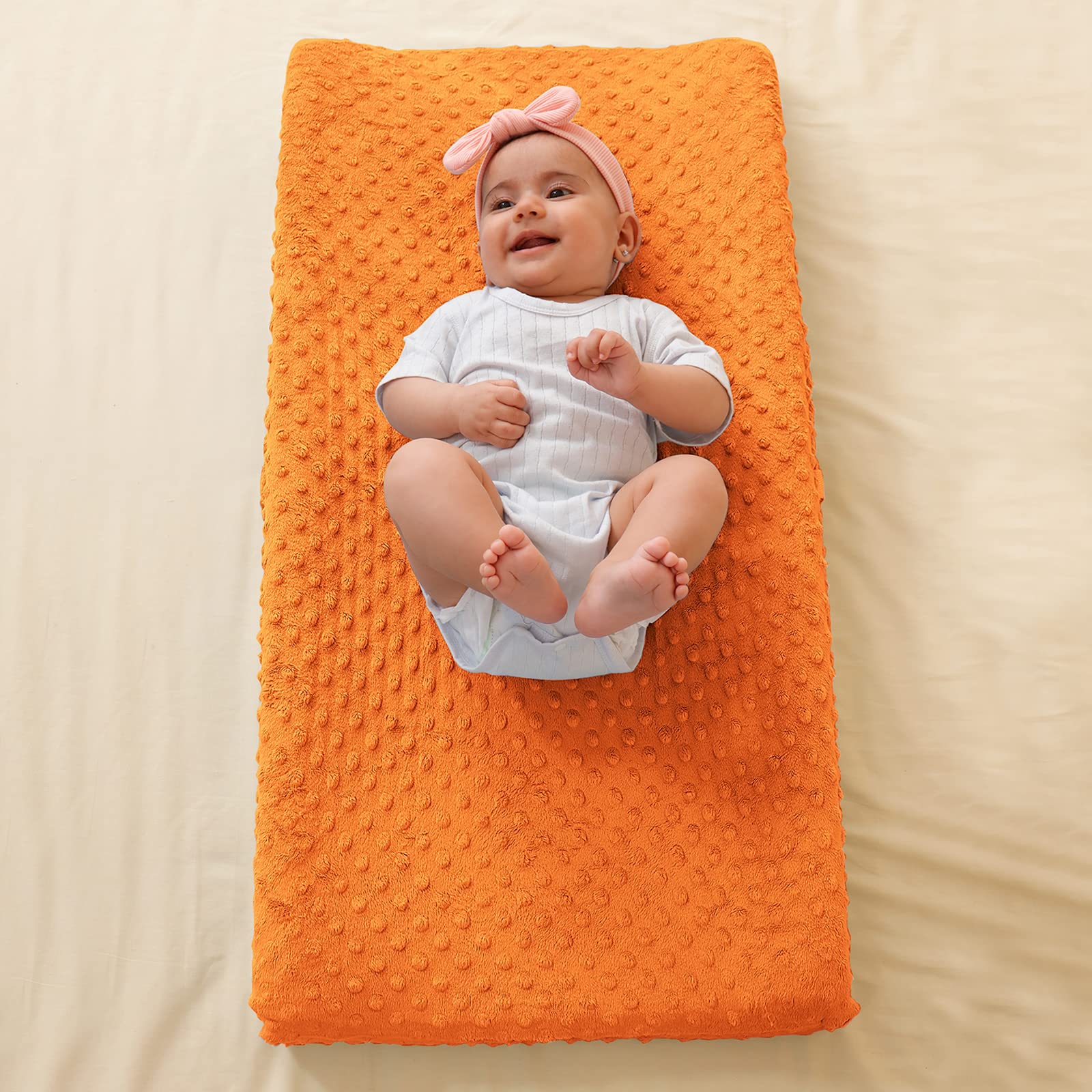 Soft Plush Dot Baby Changing Pad Cover - Ultra Comfortable & Safe Diaper Changing Table Cover for Boys & Girls - Fits 32x16 Inch Pads (Orange) - Perfect for Nursery, Daycare & Travel Use