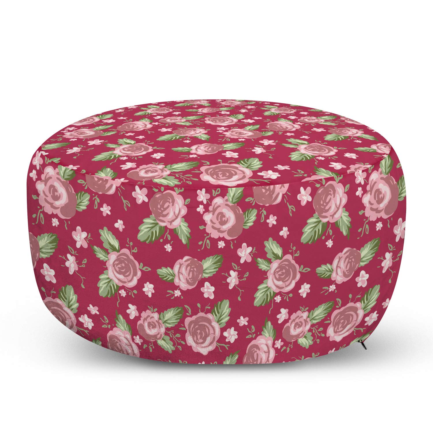 Ambesonne Rose Ottoman Pouf - Retro Pastel Floral Print Foot Rest with Removable Cover, Soft Decorative Pouf for Living Room & Bedroom - Magenta Blush & Green | Perfect for Home Decor, Cozy Seating & Extra Storage