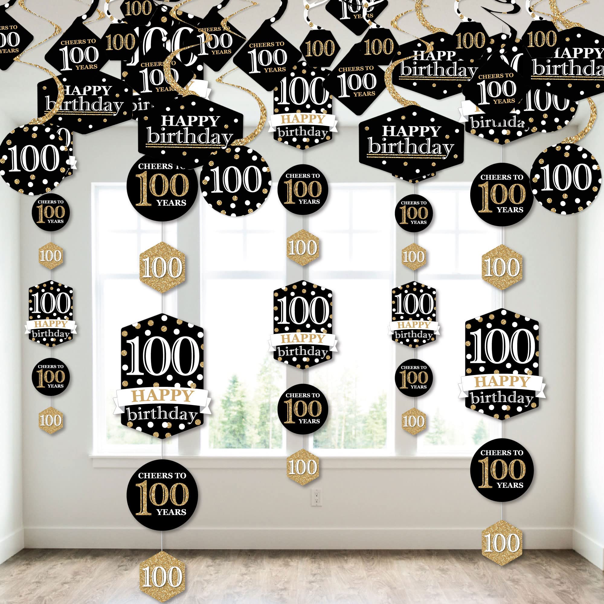 100th Birthday Party Decorations - Gold Hanging Swirls & Vertical Decor for Adult Celebrations | Virtual Bundle for Milestone Birthday Parties & Special Events