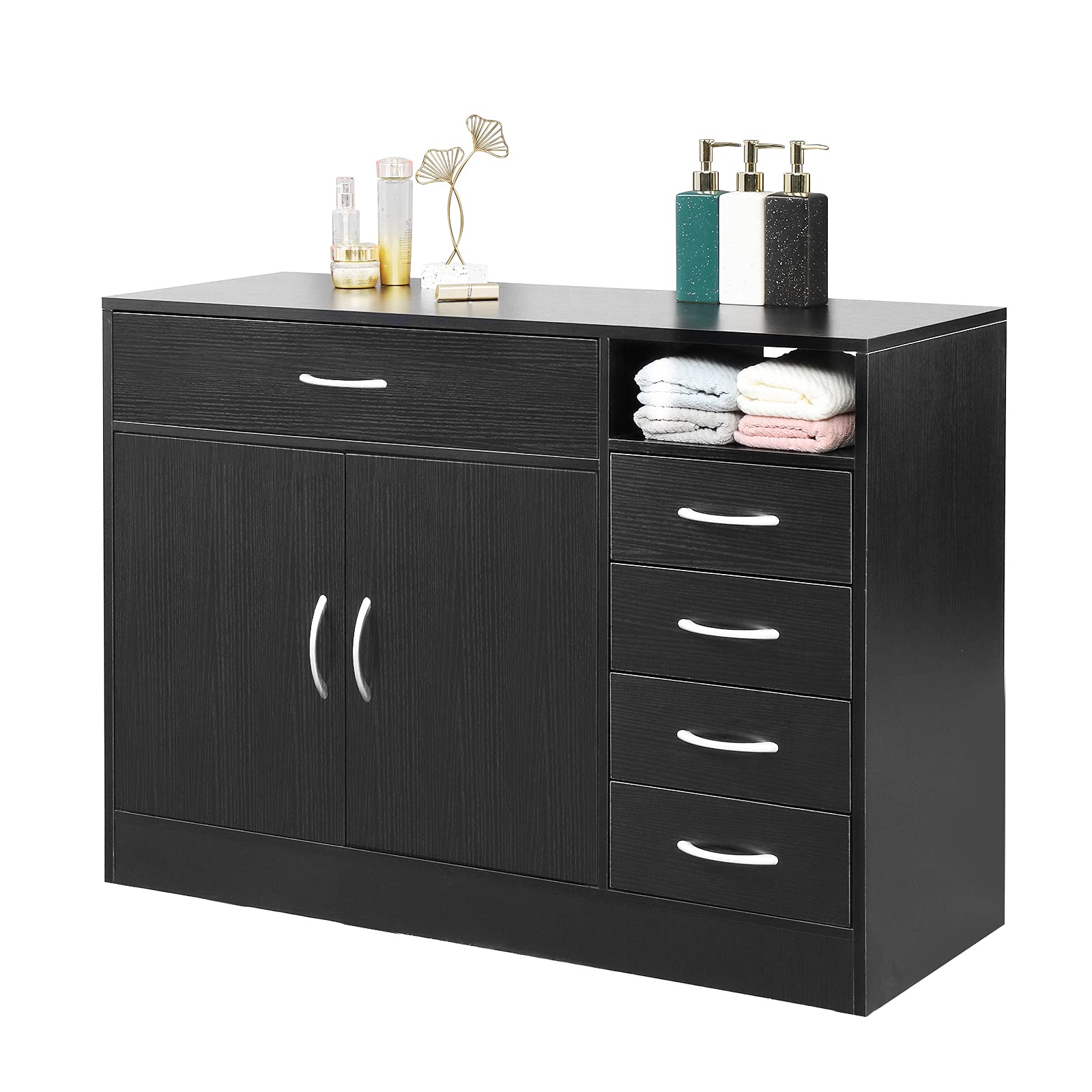 Professional 5-Drawer Black Salon Barber Hair Styling Storage Cabinet with Large Cabinet - Perfect for Barber Shops, Salons & Bathroom Organization