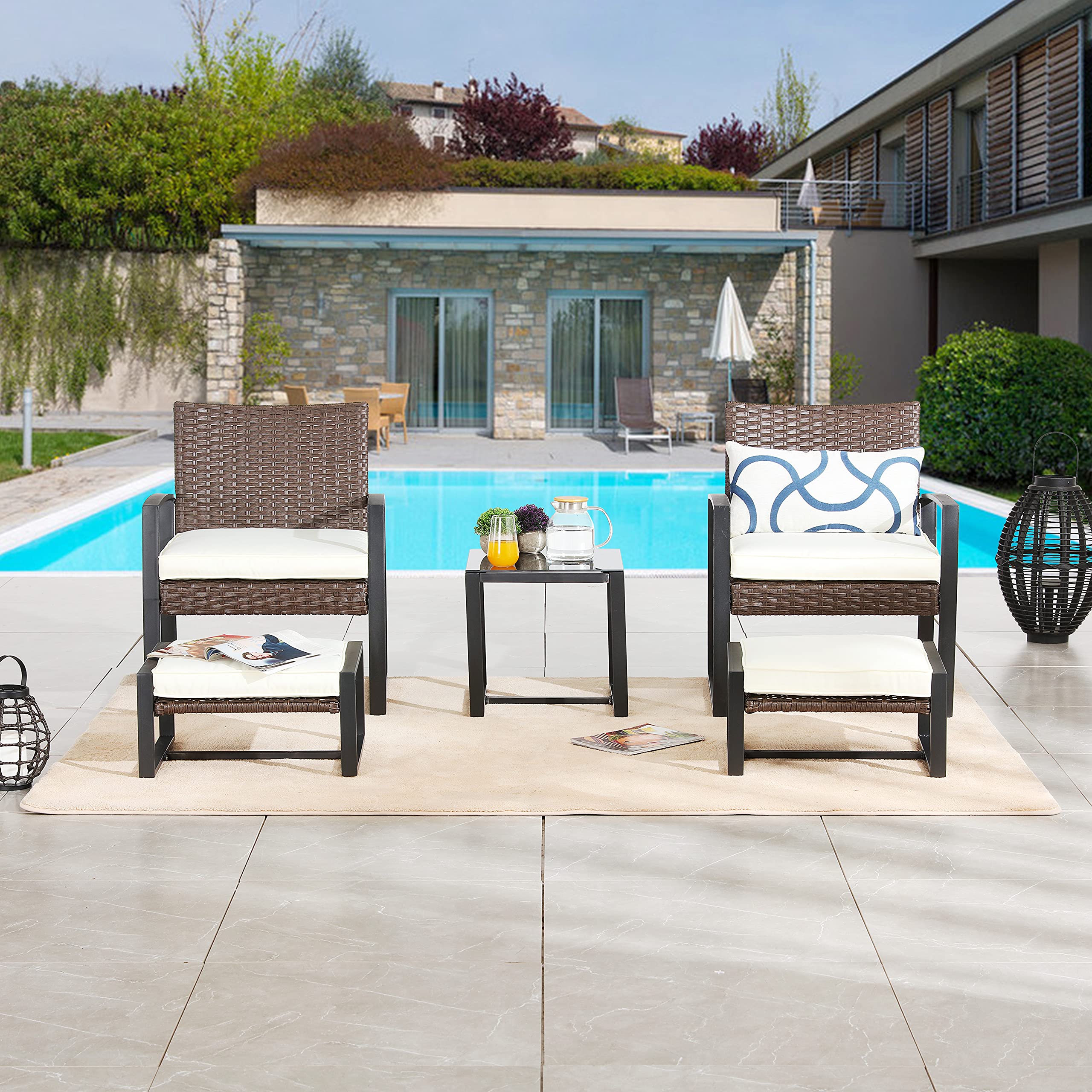 LOKATSE HOME 5-Piece Patio Conversation Set - Outdoor PE Wicker Rattan Sofa with Cushions, Chairs & Ottoman, Tempered Glass Coffee Table - White - Perfect for Backyard, Garden, Poolside & Patio Relaxation
