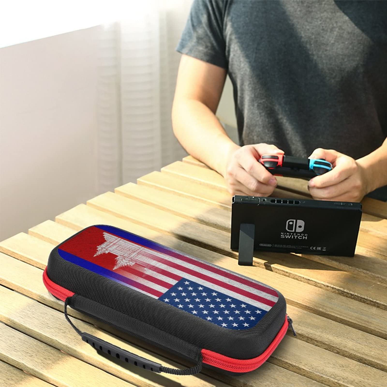 American Flag & Cambodia Flag Nintendo Switch Carrying Case - Portable Travel Cover with 20 Game Card Slots | Perfect for Gaming on the Go, Travel Protection & Accessory Storage