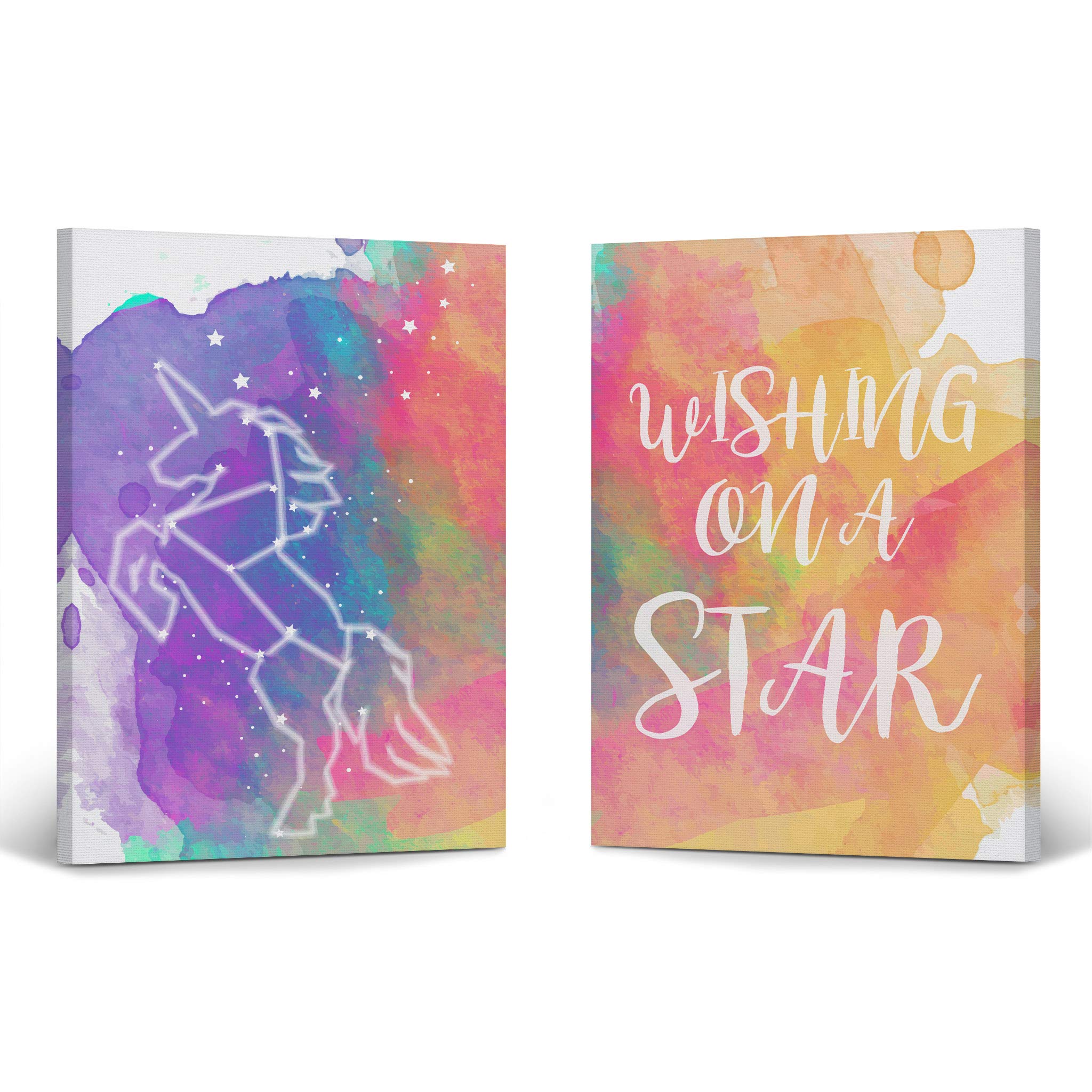 Cute Unicorn Wall Art Canvas Print Set - 2 Panels (36x24 inches) - Wishing on a Star Quote - Nursery Decor, Kids Room Decor, Baby Room Decor - Ready to Hang - Made in USA - Perfect for Bedrooms, Playrooms & Gift Giving