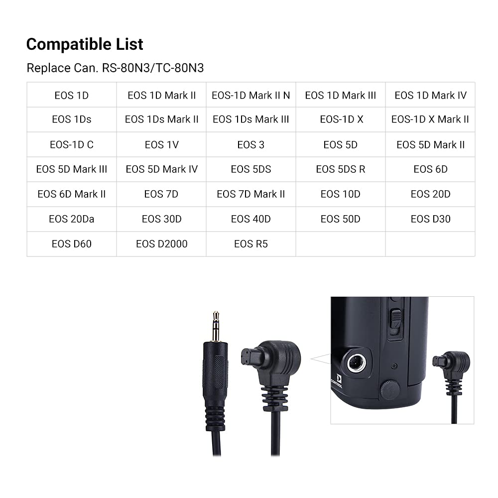 Wireless Remote Shutter Release Timer for Canon EOS R1 R5 R3 5D IV III II 5DS 6D 6D II 7D 7D II 1D II III IV 1Ds D2000 D60 D30 50D 40D 30D - Perfect for Time-Lapse Photography, Group Shots & Hands-Free Shooting