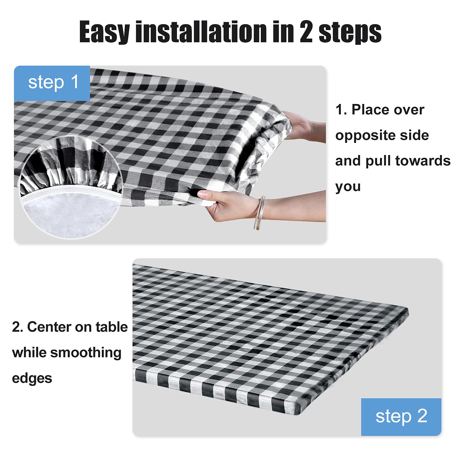 Fitable Black and White Checkered Tablecloth - 30x96 Inch Waterproof Vinyl Picnic Table Cover with Elastic & Flannel Backing - Rectangle Outdoor Tablecloth for 8 Foot Folding Tables - Perfect for BBQs, Picnics, Parties and Outdoor Dining