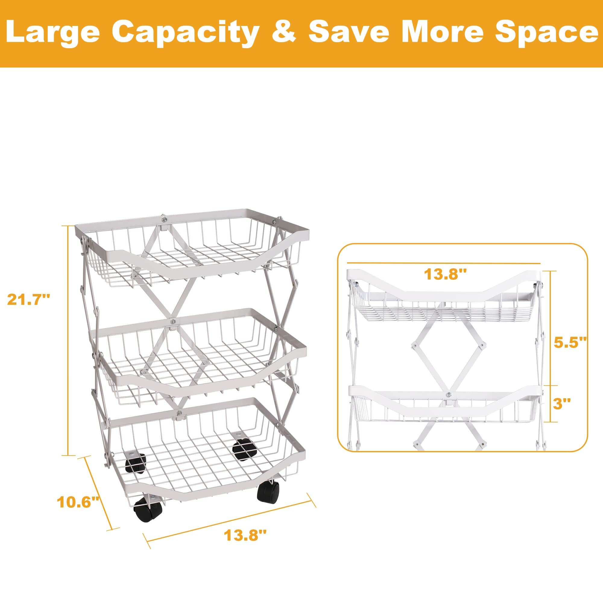 3-Tier Metal Wire Fruit Basket Organizer with Wheels - Foldable Kitchen Storage for Fruits & Vegetables - White - Perfect for Kitchen, Bathroom, Living Room & Bedroom Organization