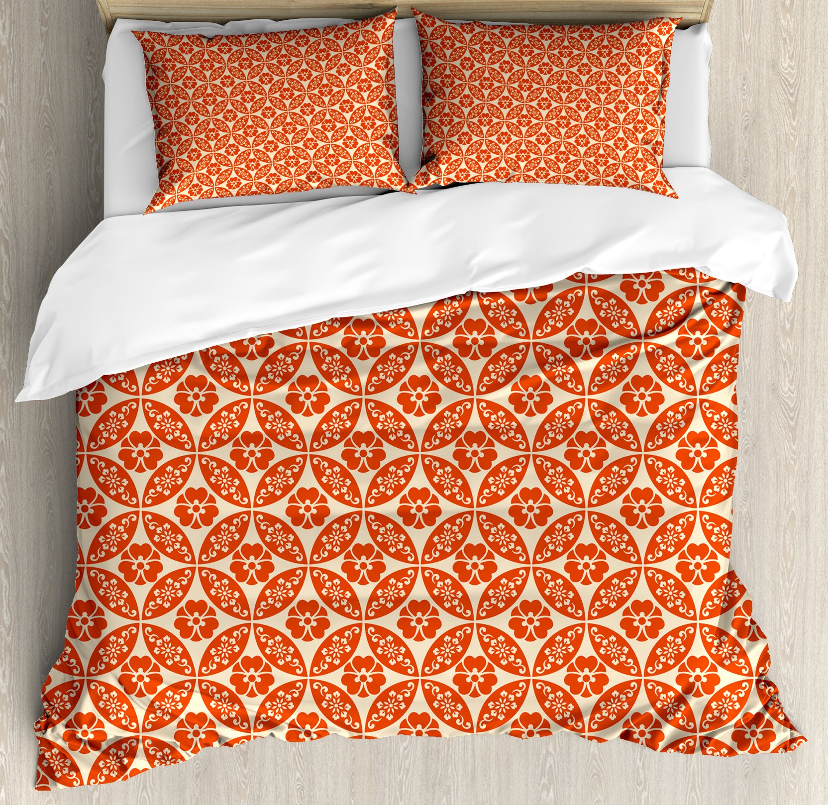 Ambesonne Geometric Duvet Cover Set King Size - Japanese Floral Lattice Circles Pattern 3-Piece Bedding with Pillow Shams - Vermilion Cream - Modern Home Decor for Master Bedroom & Guest Room