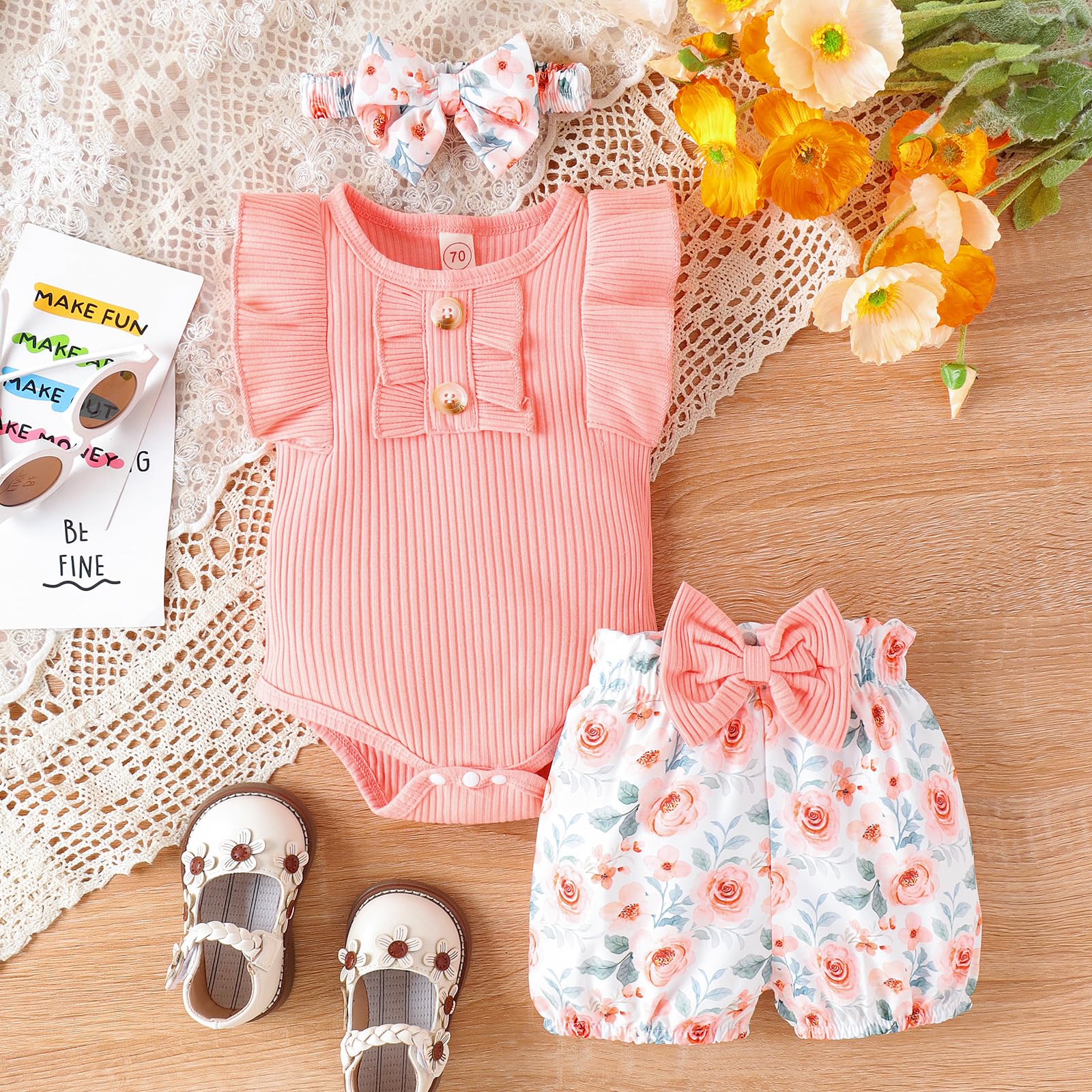 Newborn Baby Girl Clothes Outfits - Cute Ruffle Romper & Shorts Set with Headband | Infant Bodysuits for Photo Shoots, Parties & Everyday Wear