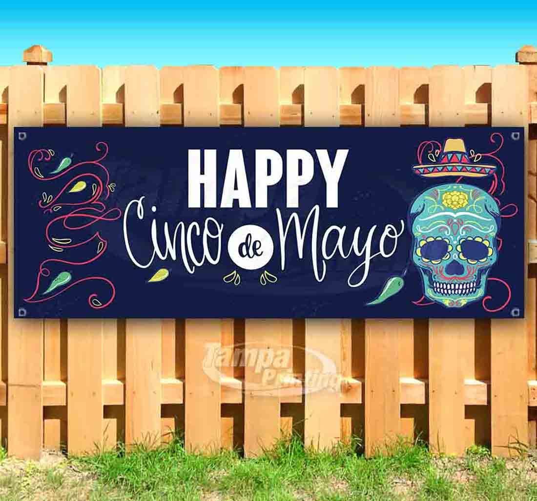 Happy Cinco De Mayo Banner 13 oz - Heavy Duty Vinyl Party Decoration with Metal Grommets | Single-Sided Non-Fabric Mexican Fiesta Sign | Perfect for Cinco de Mayo Parties, Mexican Independence Day & Hispanic Heritage Month Celebrations