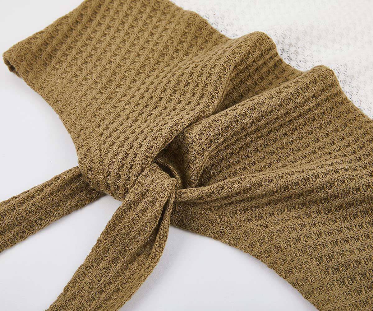 Girls Waffle Knit Colorblock Tie Front Long Sleeve Tunic Top - Casual Comfortable T-Shirt for School, Playdates & Everyday Wear