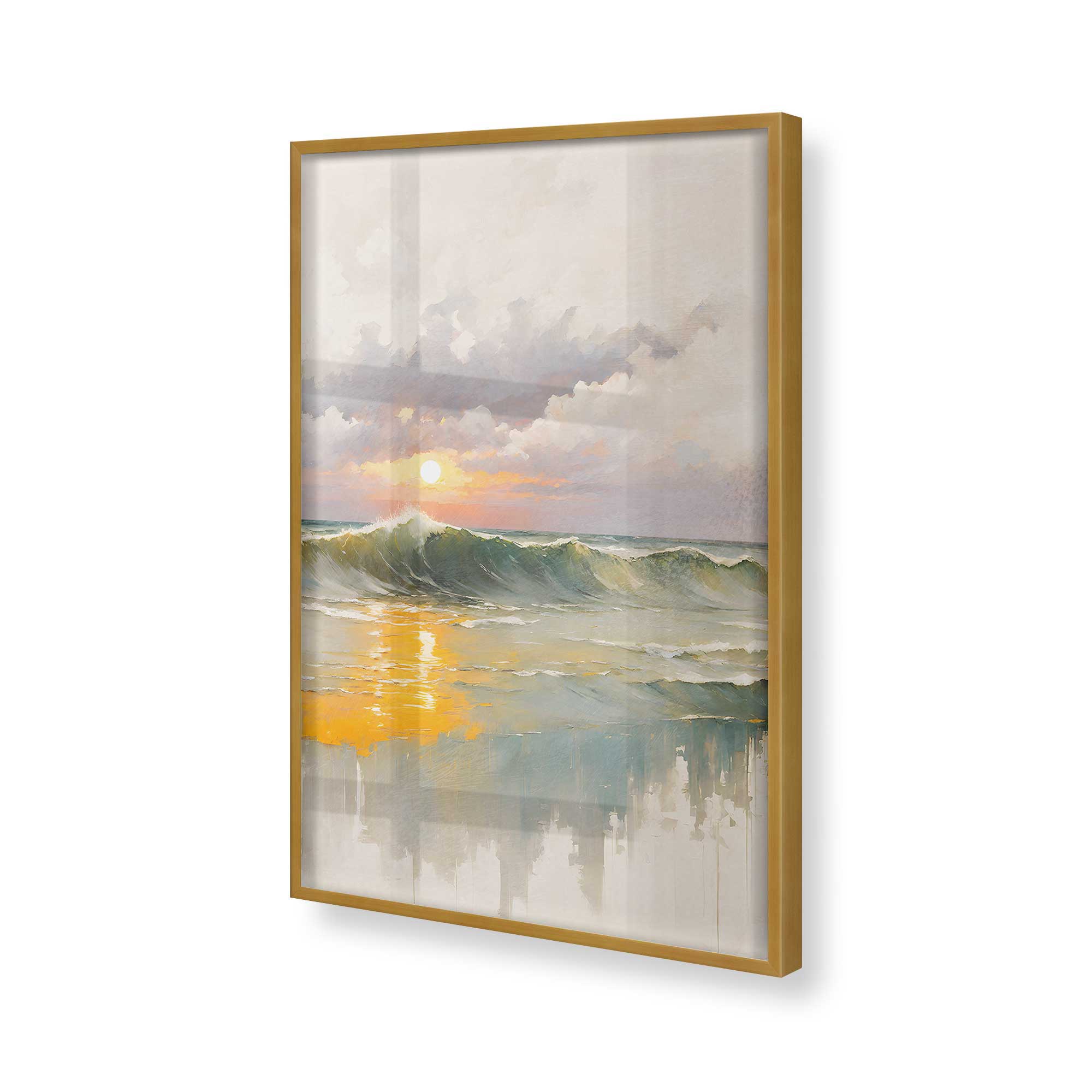 Golden Waves at Sunset Wall Art Print - Coastal Beach Decor for Living Room, Bedroom & Office | Ocean Sunset Painting for Home & Office Decor