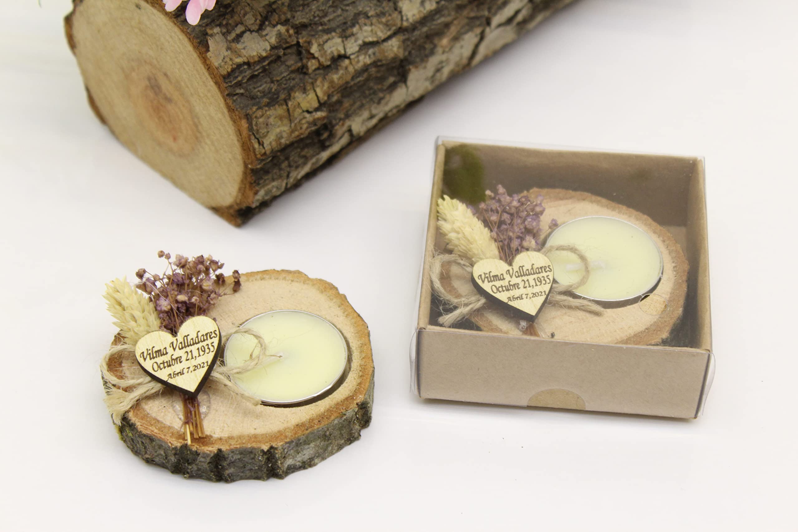 75-Piece Personalized Wooden Log Candle Holder Set - Bulk Wedding Favors for Guests, Memorial Gifts, Rustic Tea Light Holders - Perfect for Wedding Decor, Funeral Memorials & Home Centerpieces