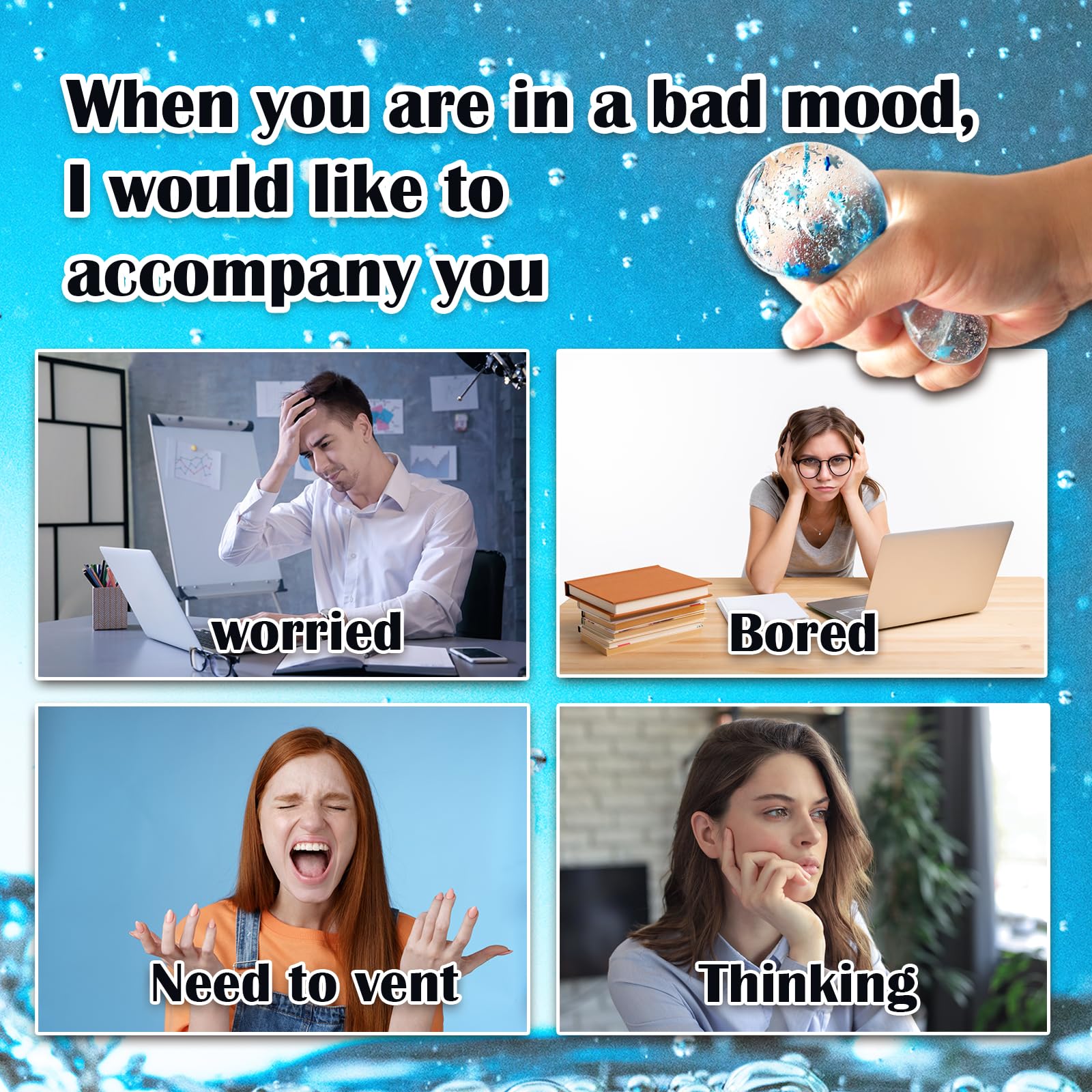 3 Pack Blue Ice Cube Stress Balls with Snowflakes Inside - Squishy Fidget Sensory Toys for Anxiety Relief, ADHD & Stress Management - Fun Squeeze Toys for Kids & Adults - Perfect for Office, Classroom & Home Use