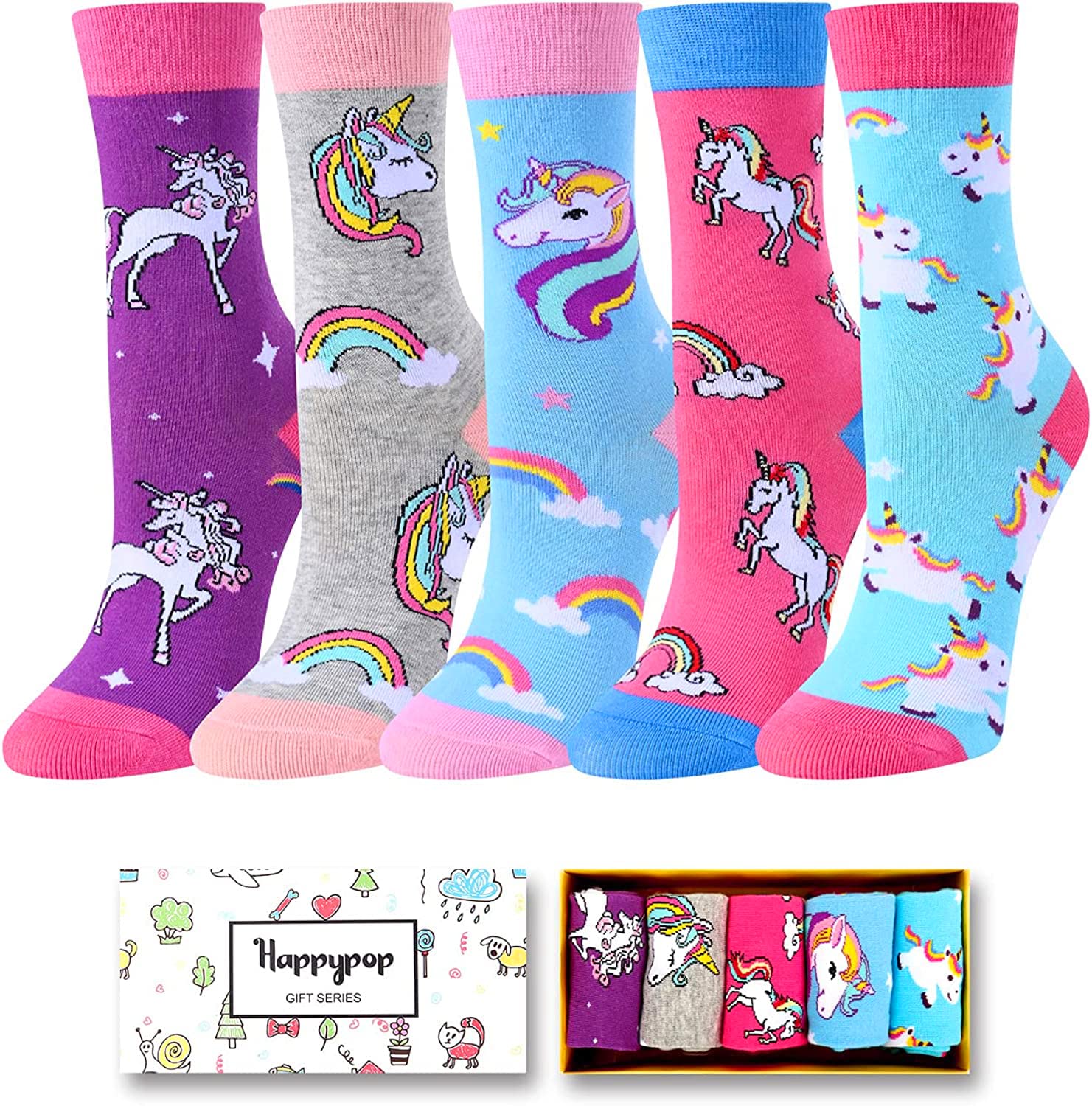 Zmart 5-Pack Cute Animal Socks for Girls - Llama, Unicorn, Corgi & Chicken Patterned Crew Socks - Soft Cotton Kids Socks for School, Gifts & Everyday Wear