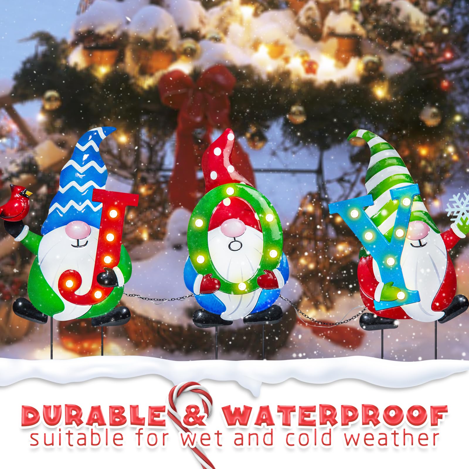 3 Pack Christmas Yard Stakes with Battery Powered Lights - Waterproof Outdoor Gnome Decorations for Lawn, Garden & Holiday Parties | Joyful Xmas Metal Signs for Home & Yard Decor
