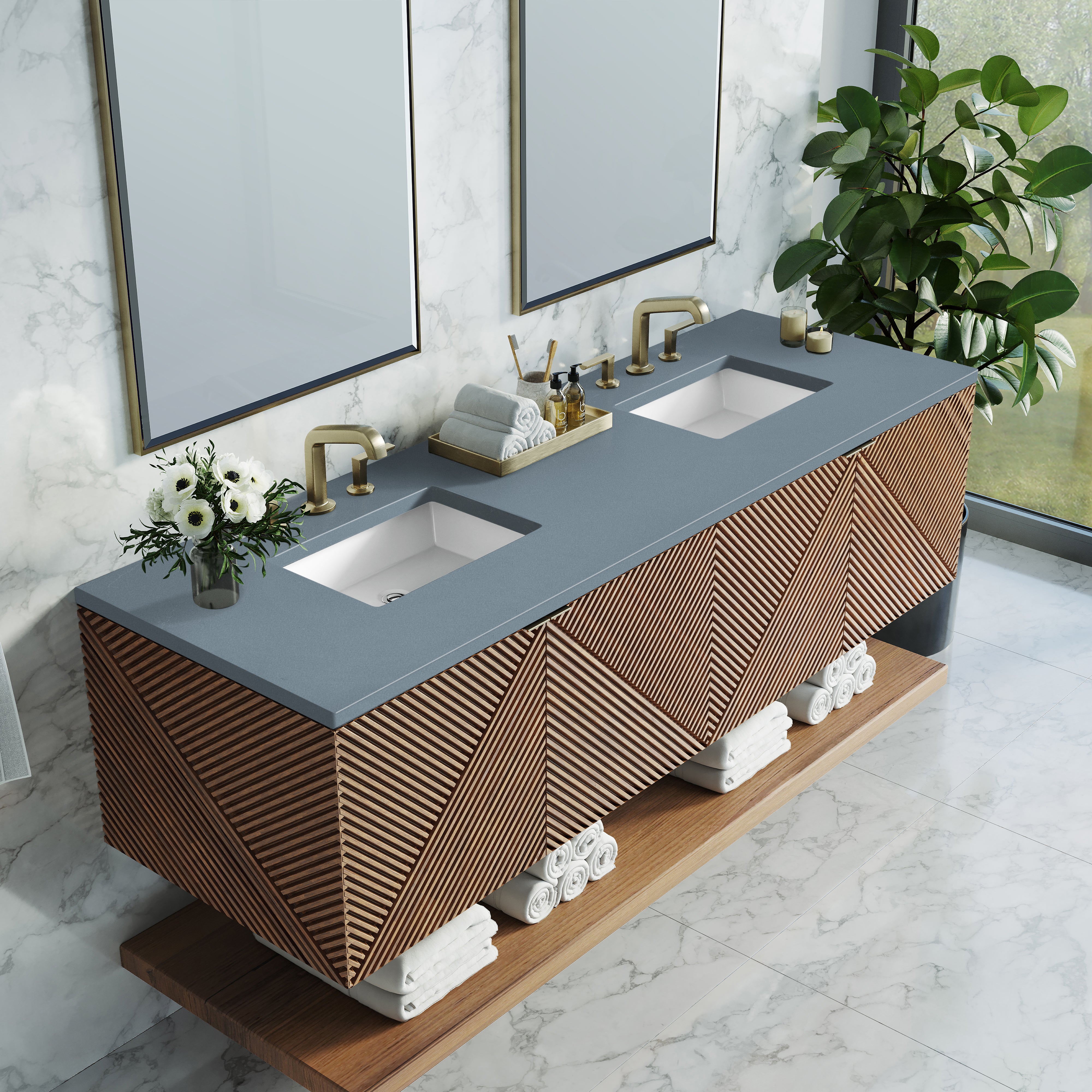Marcello 72 Inch Double Bathroom Vanity with Sink - Chestnut Wood & 3CM Calacatta Blue Quartz Top - Perfect for Master Bathroom or Guest Bath Renovation
