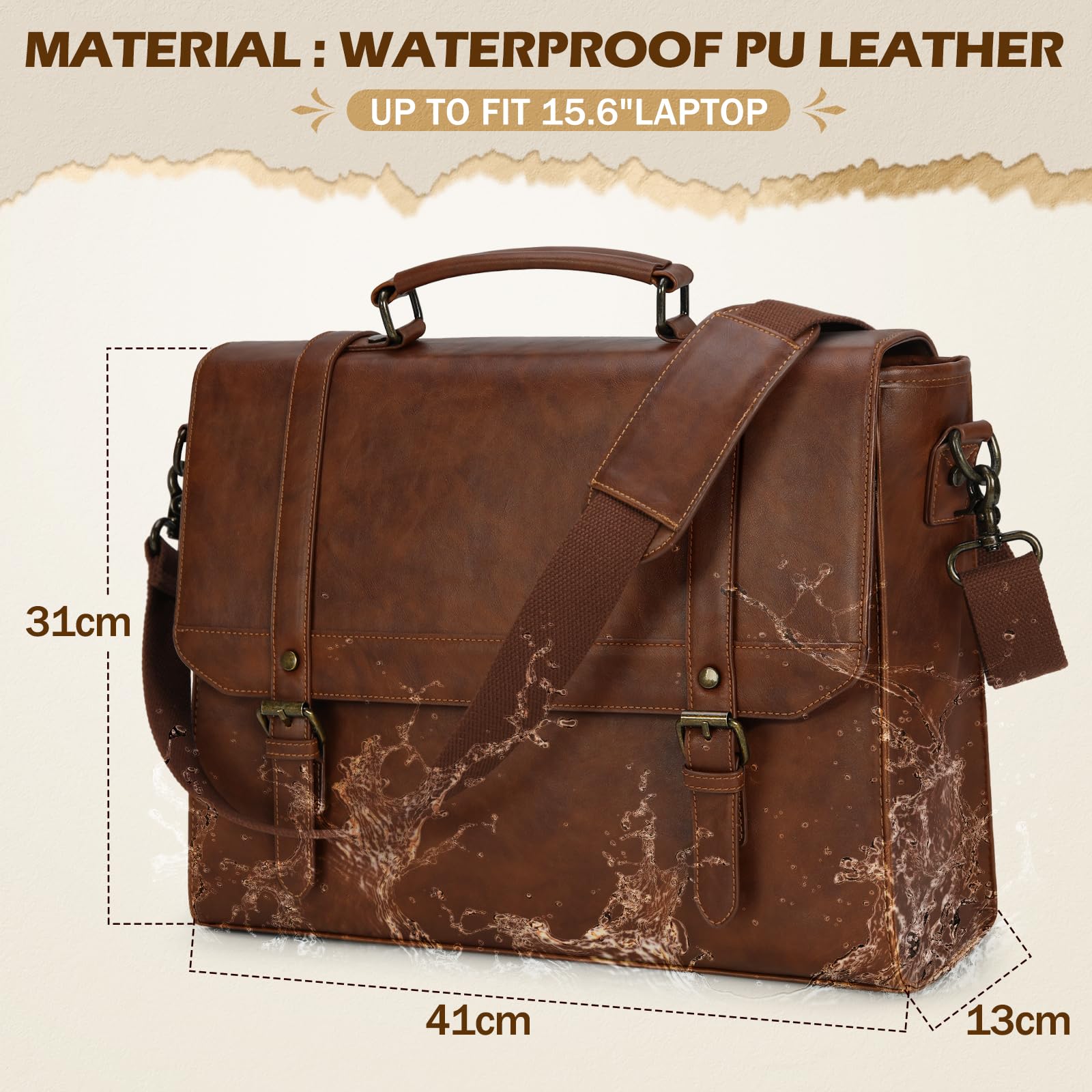 IGOLUMON Vintage Leather Messenger Bag for Men - 15.6 Inch Waterproof Laptop Briefcase, Retro Satchel Shoulder Bag for Office, Business, Travel, College, and Everyday Use, Brown