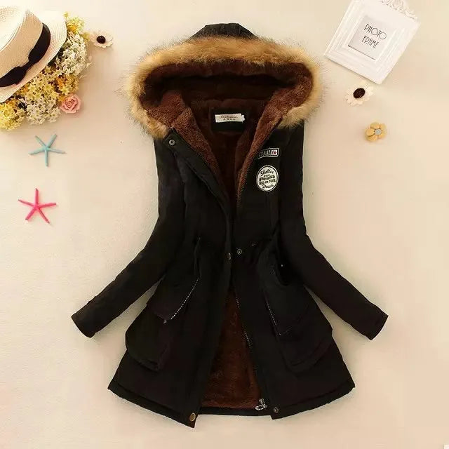 Women's Cotton Padded Jacket - Slim Fit Embroidered Hooded Parka for Autumn & Winter | Warm Quilted Overcoat for Casual Wear & Outdoor Activities
