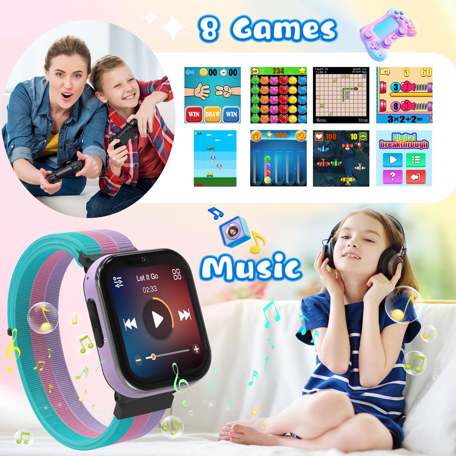 4G Kids Smart Watch with SIM Card, Touch Screen, SOS Emergency Call, Camera, Games & Music Player - Perfect Smartwatch Gift for Boys & Girls Ages 4-12 (Pink) | Ideal for School, Outdoor Play & Parental Safety Monitoring