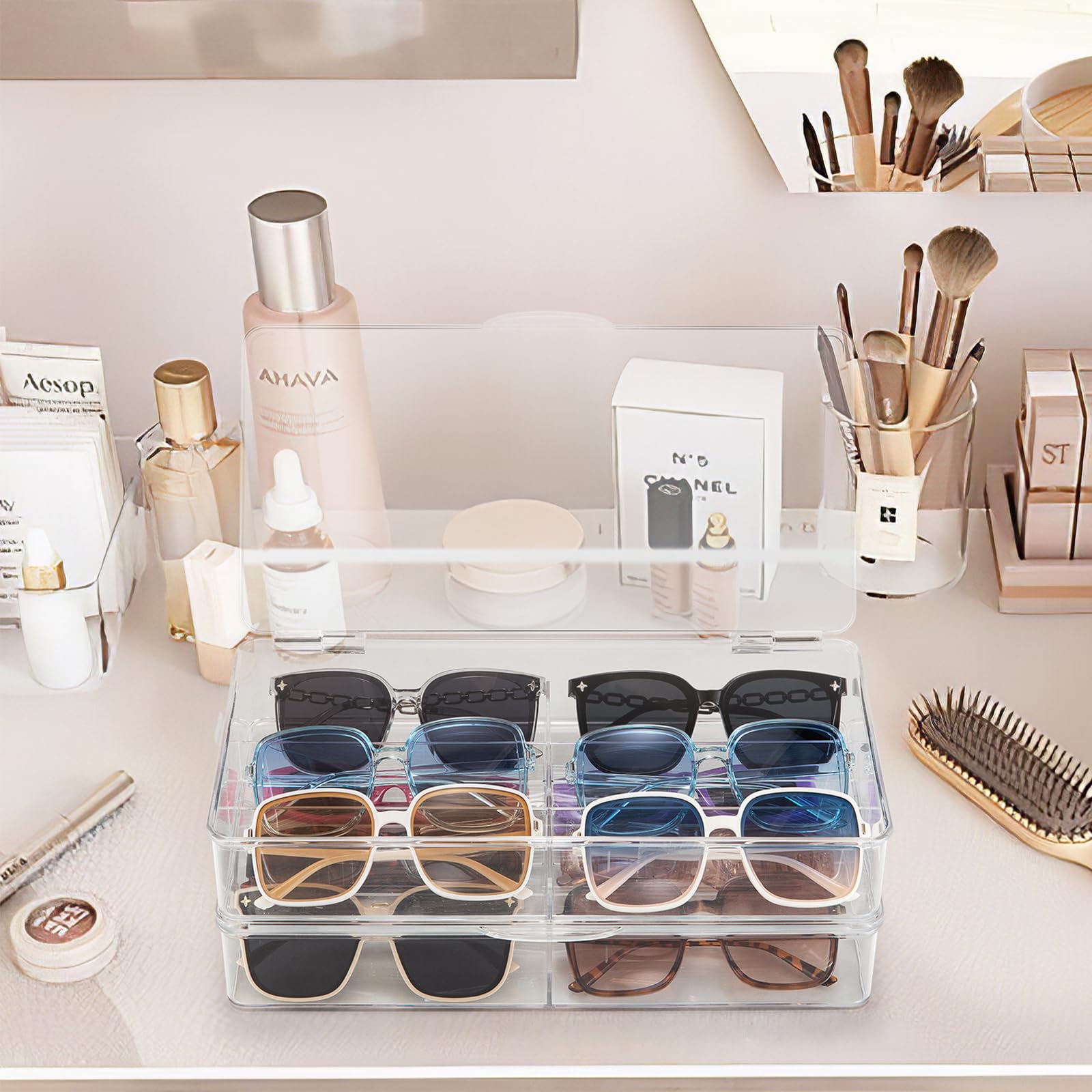 BOPai Acrylic Sunglasses Organizer with Lid - Stackable Eyeglass Storage Case for Men & Women - 2 Pack - Perfect for Travel, Home, Office, and Car Organization