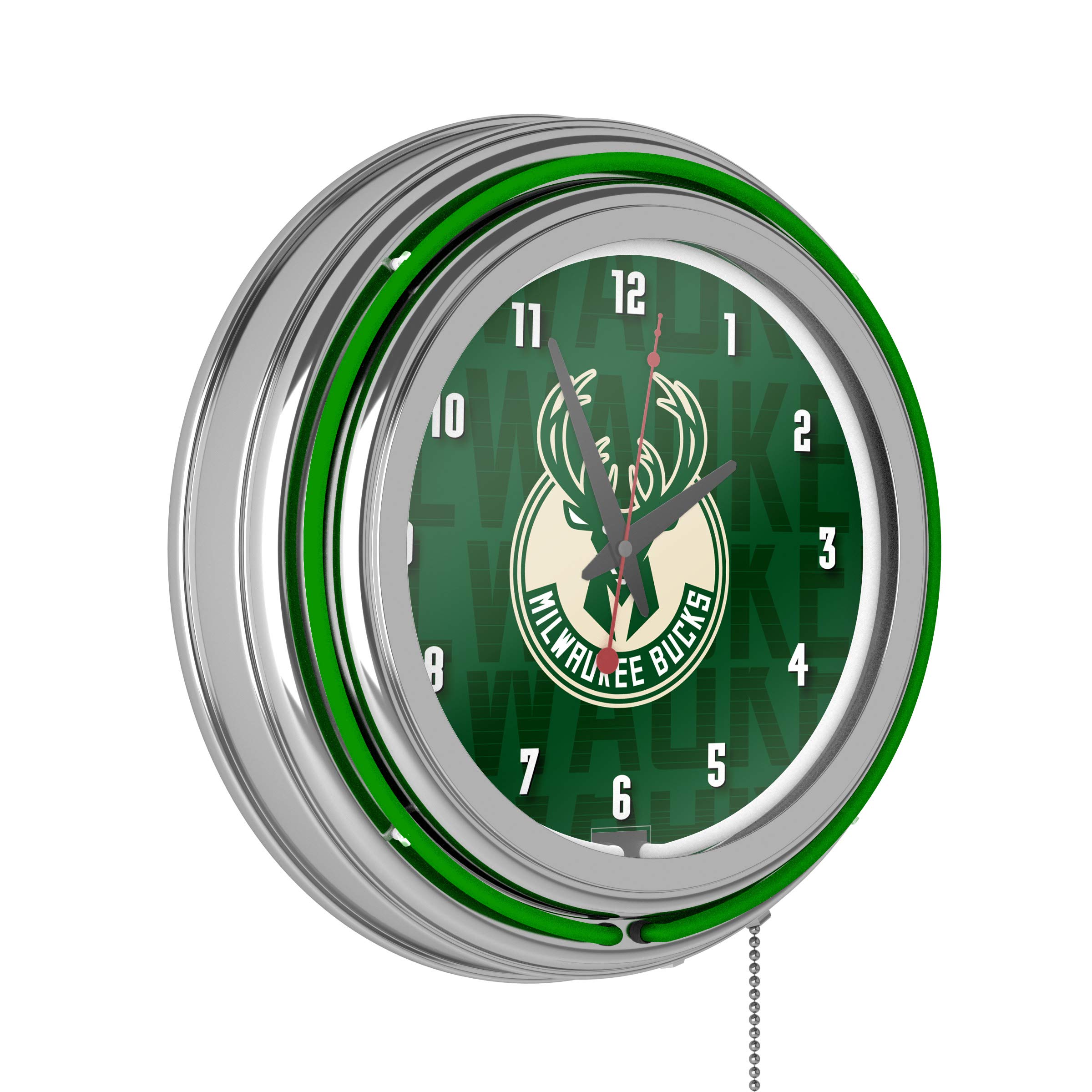 NBA Milwaukee Bucks Neon Wall Clock - Double Rung Chrome Design - Perfect for Game Room, Sports Bar & Man Cave Decor