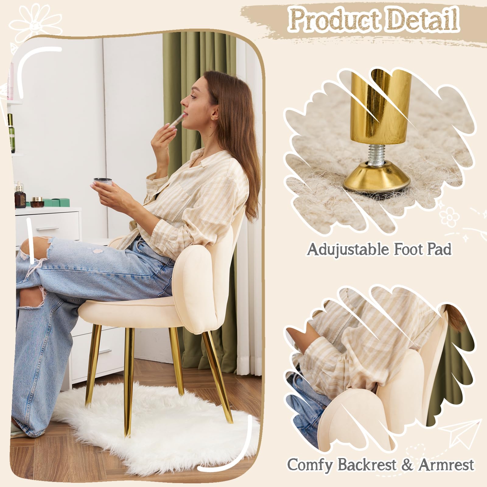 VINGLI Velvet Petal Makeup Vanity Chair with Back - Cute Flower Design Desk Chair, Adjustable Gold Legs & Bow Pillow - No Wheels Comfy Seating for Home Office, Bedroom, Dressing Room - Modern Accent Chair in Beige