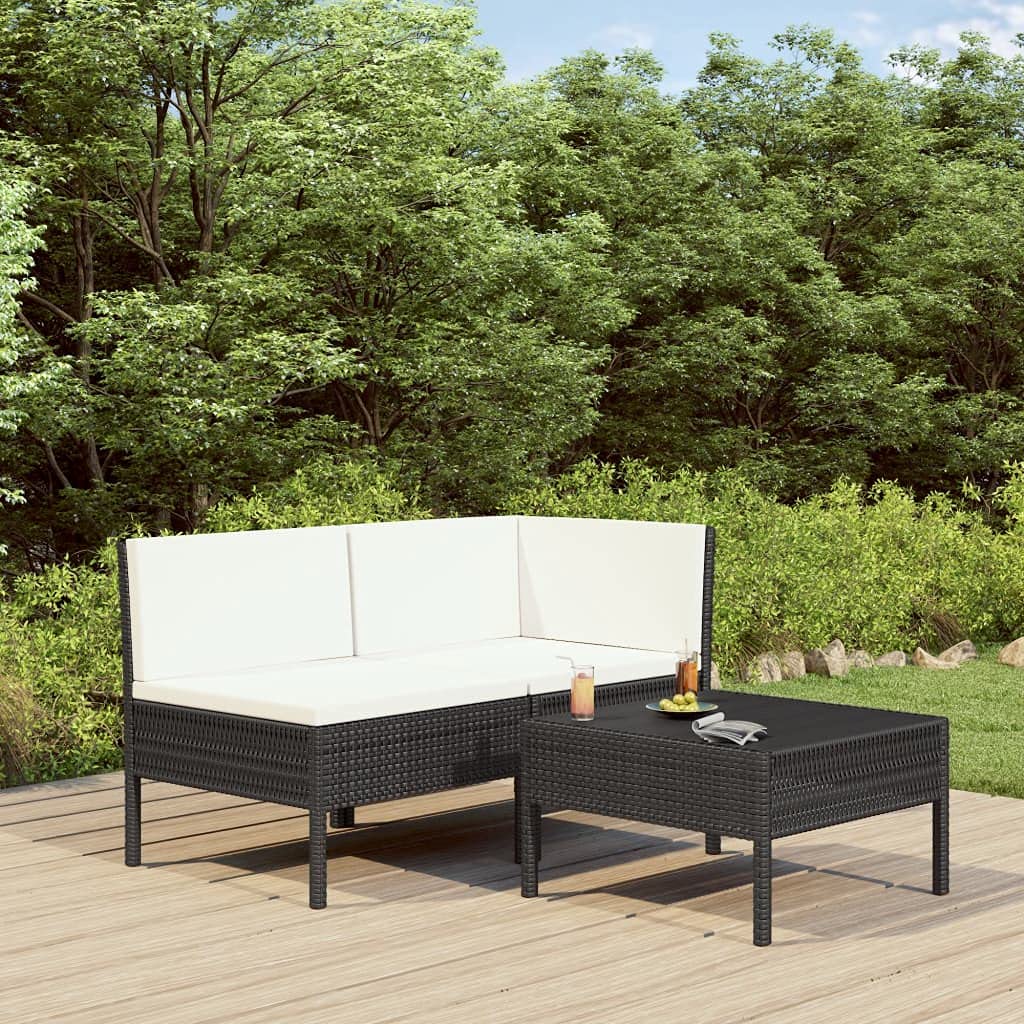 3-Piece Patio Dining Set with Rattan Chairs & Table - Outdoor Garden Furniture with Cushions for Backyard, Lawn, Deck or Balcony - Black Wicker Bistro Set for Relaxing & Entertaining