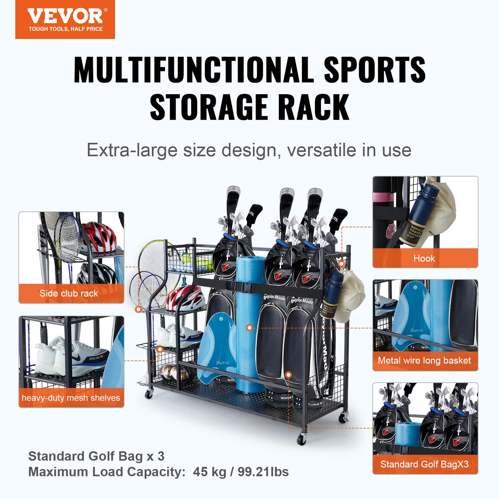 VEVOR Golf Bag Organizer & Storage Rack Stand - Heavy Duty Golf Equipment Holder for Garage, Sports Gear & Toy Storage - Perfect for Golf Clubs, Balls & Accessories - Ideal for Home, Garage & Club Organization