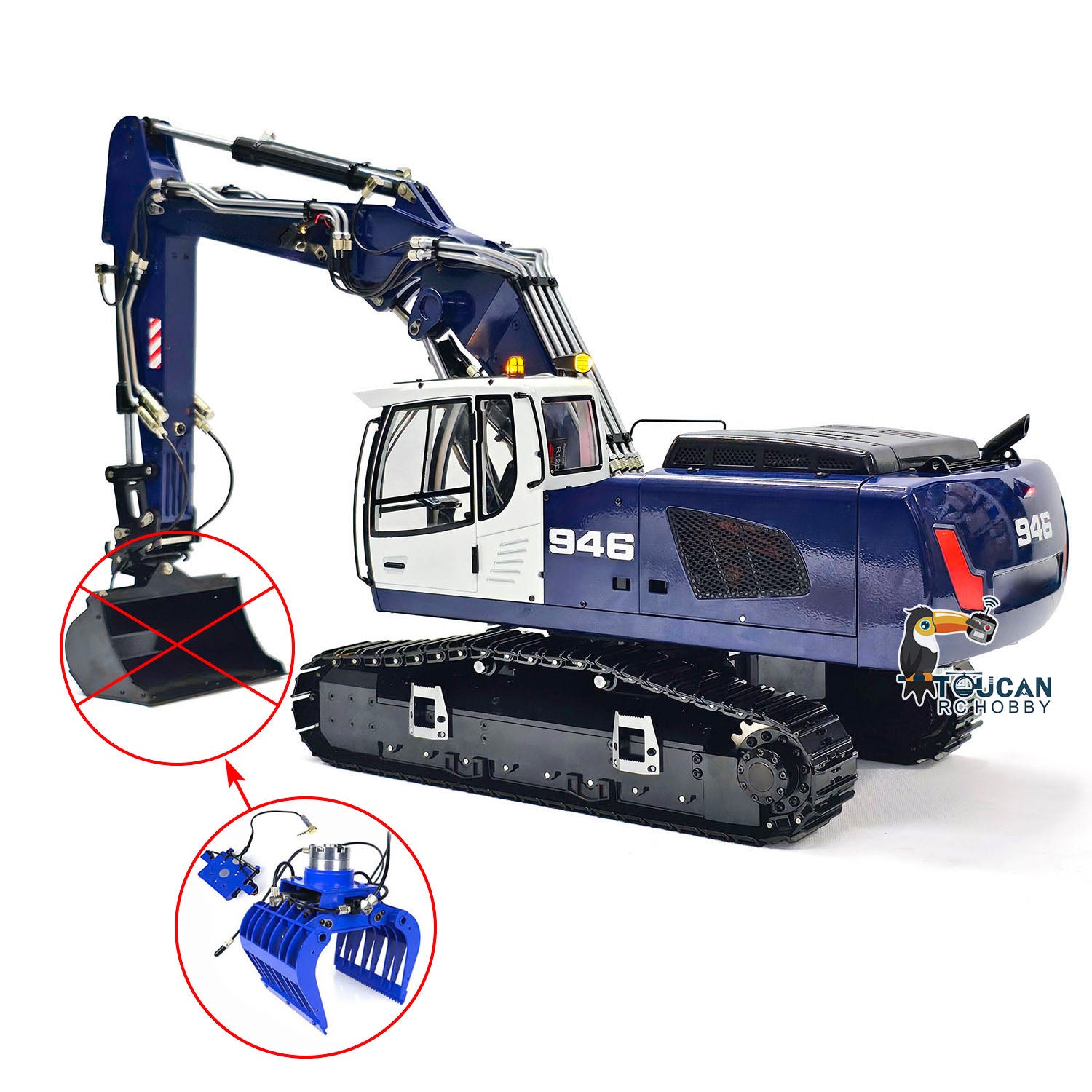 1/14 Scale 946 3-Arm RC Hydraulic Excavator Toy - Metal Remote Control Construction Digger with Tiltable Bucket, Ripper & Clamshell Grabber | Realistic Construction Play for Kids & Adults