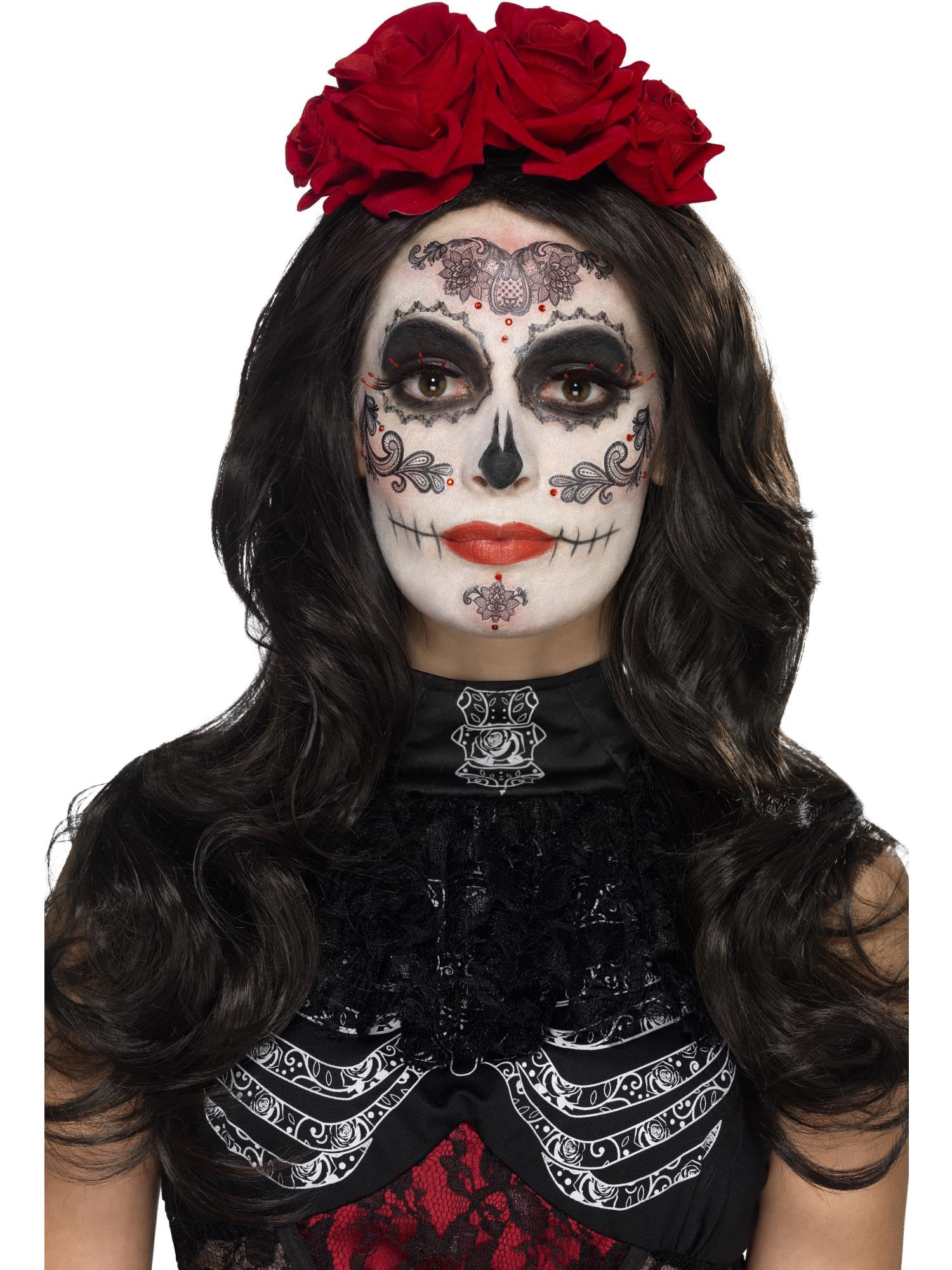Smiffys Day of the Dead Glamour Makeup Kit - Black & Aqua with Face Paint, Transfers, Lashes, Jewelry & Applicator - Perfect for Halloween & Dia de los Muertos Costume Parties