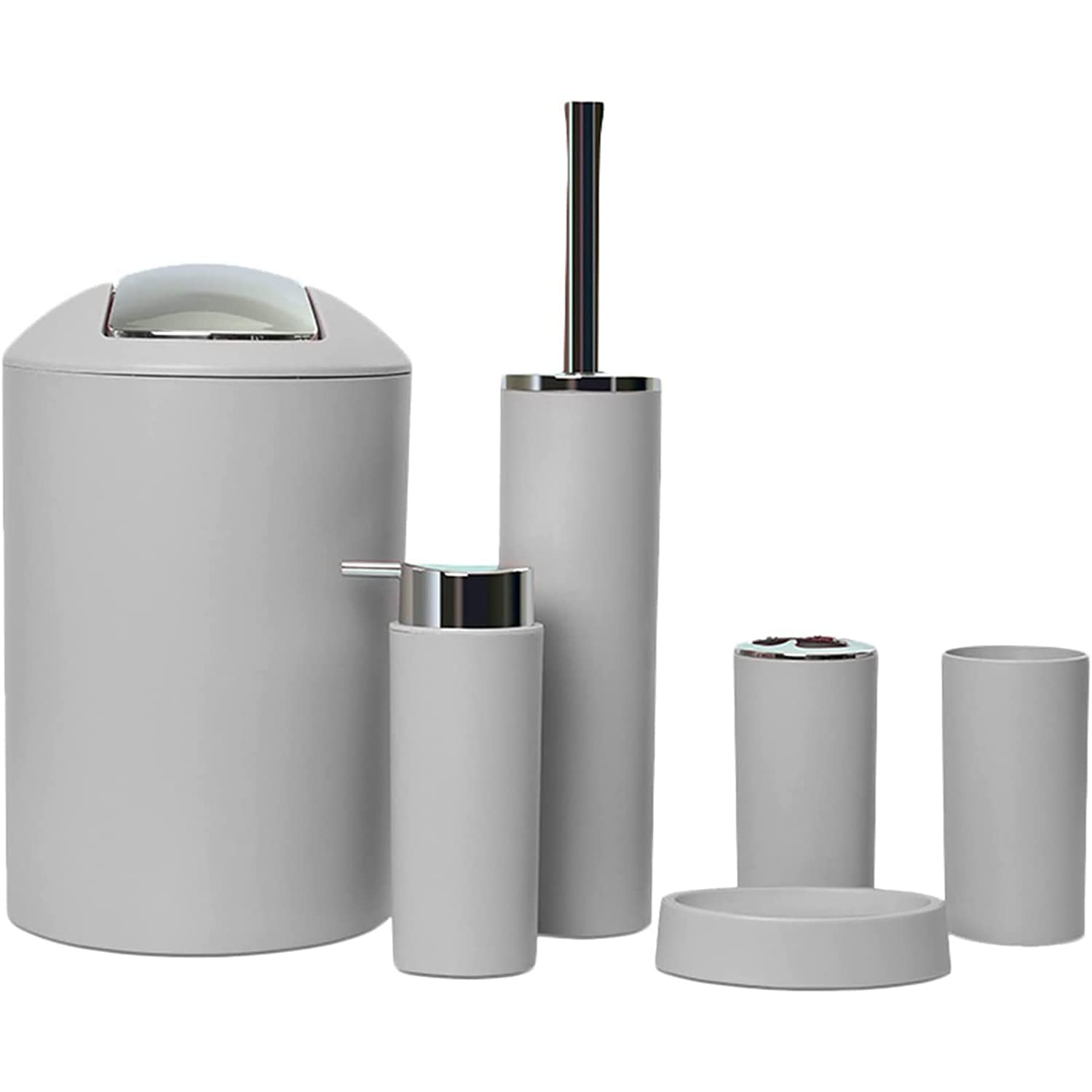 GAXQFEI 6-Piece Bathroom Accessories Set - Toothbrush Holder, Soap Dispenser, Soap Dish, Toilet Brush Holder & Trash Can - Durable Plastic Bathroom Organizer for Home, Apartment & Hotel (Gray) - Perfect for Modern Bathrooms & Guest Suites