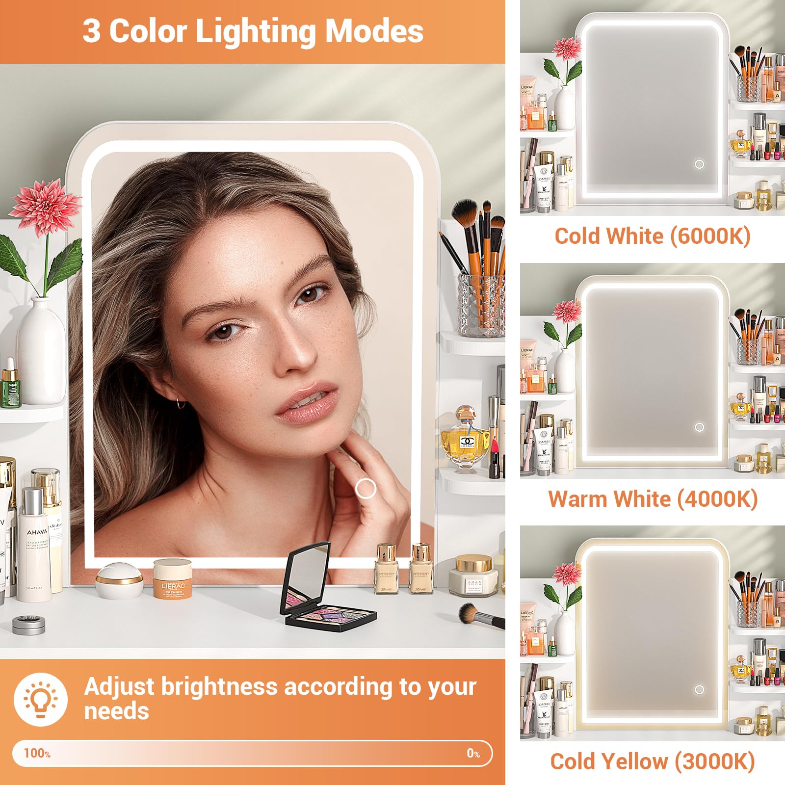 Vanity Desk with LED Mirror & Storage - Adjustable Brightness Makeup Dressing Table for Women & Girls, White (Bedroom, Beauty Salon, Home Decor)