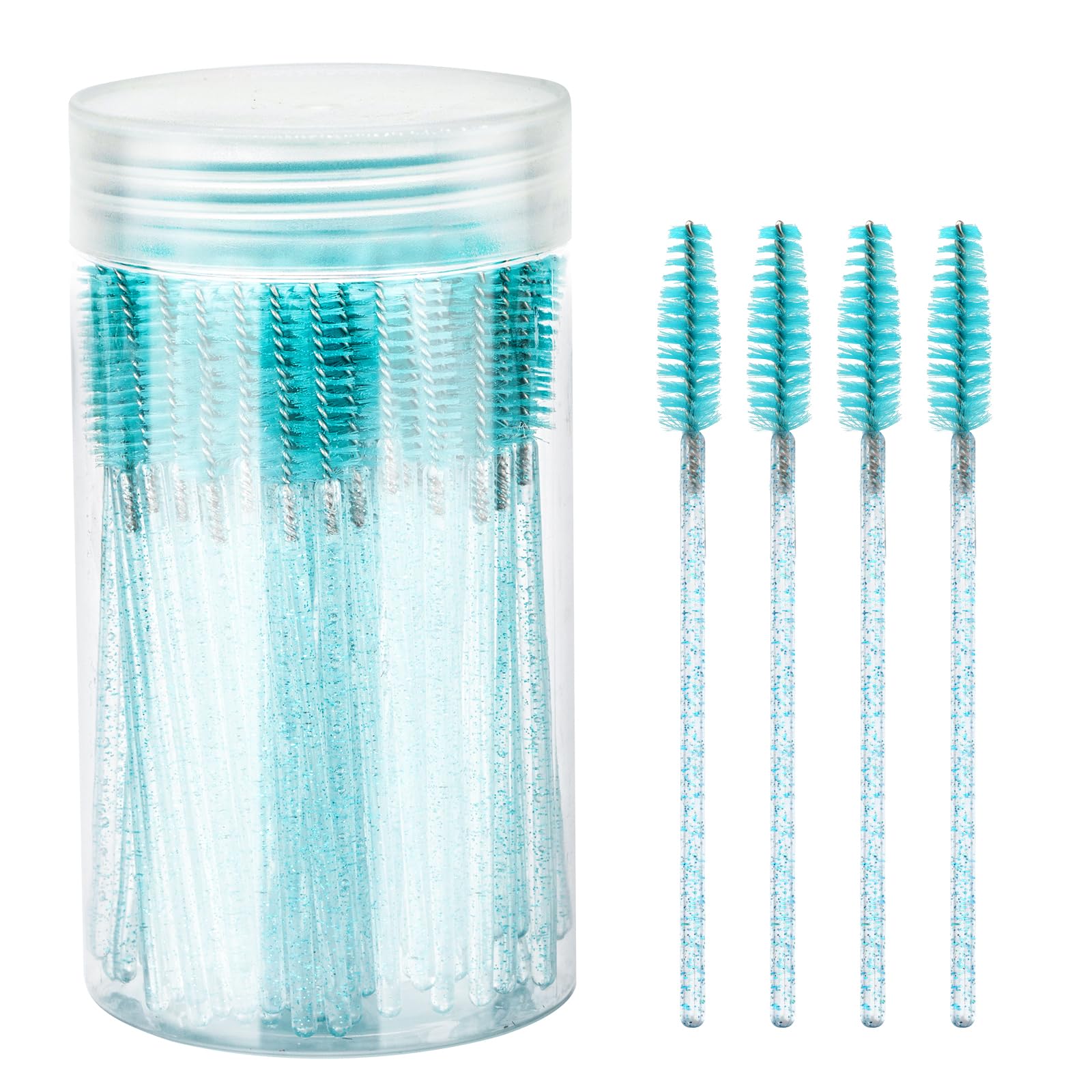 100PCS Disposable Eyelash Brushes & Mascara Wands with Storage Container - Bendable Eyebrow Spoolies for Lash Extensions, Castor Oil Application & Makeup - Perfect for Salons, DIY Beauty & Professional Use (Crystal Blue)