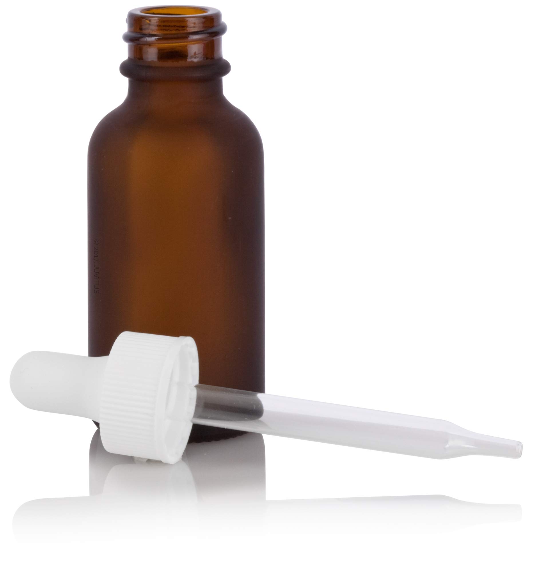 JUVITUS 1 oz (30 ml) Frosted Amber Glass Boston Round Bottle with White Dropper - 24 Pack + Bonus Funnel for Essential Oils, DIY Beauty, and Travel-Sized Liquids