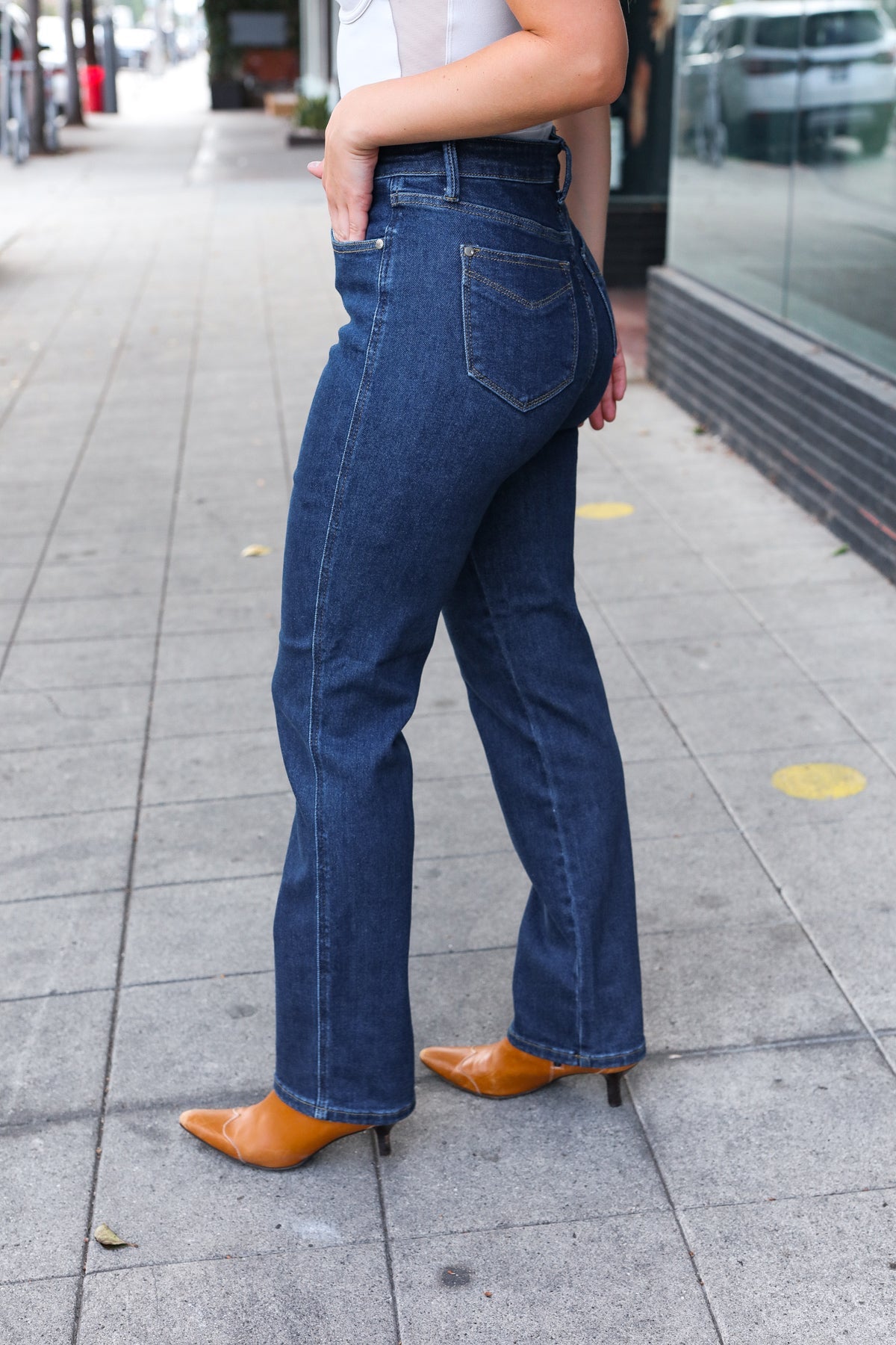 Judy Blue Dark Wash High Waisted Straight Fit Jeans for Women - Comfortable Stretch Denim Pants for Casual Wear & Everyday Outfits