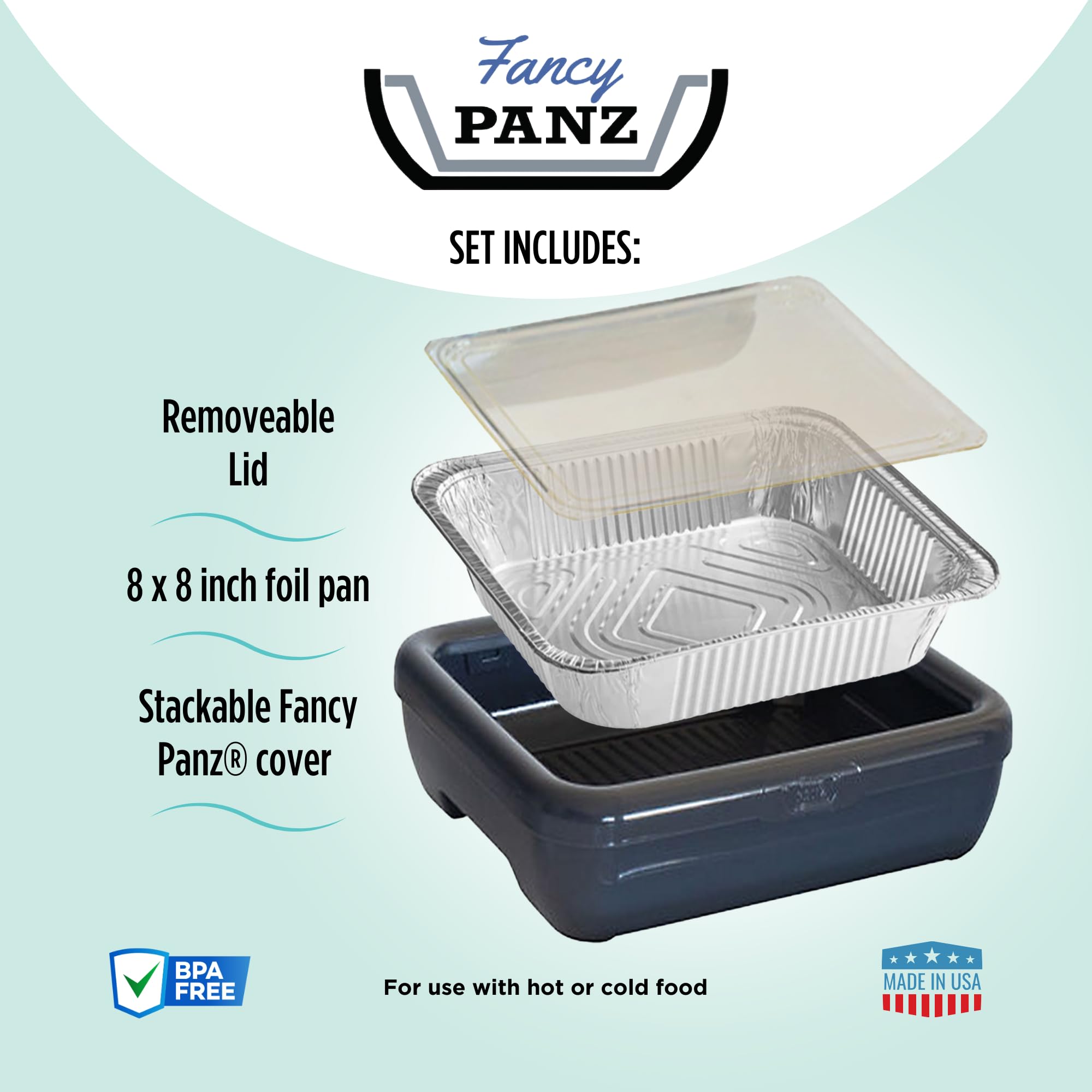 Premium 8x8 Stackable Aluminum Serving Tray with Foil Pan Carrier | Made in USA | Denim Blue Food Tray for Travel, Picnics & Potlucks | Includes Disposable Foil Pan & Serving Spoon
