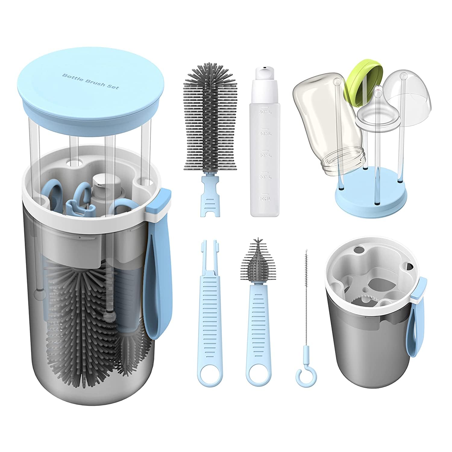 Portable Baby Bottle Brush Travel Set - Silicone Nipples Cleaner & Mini Drying Rack | Newborn Essentials for On-the-Go Parents | Perfect for Travel, Daycare & Home Use